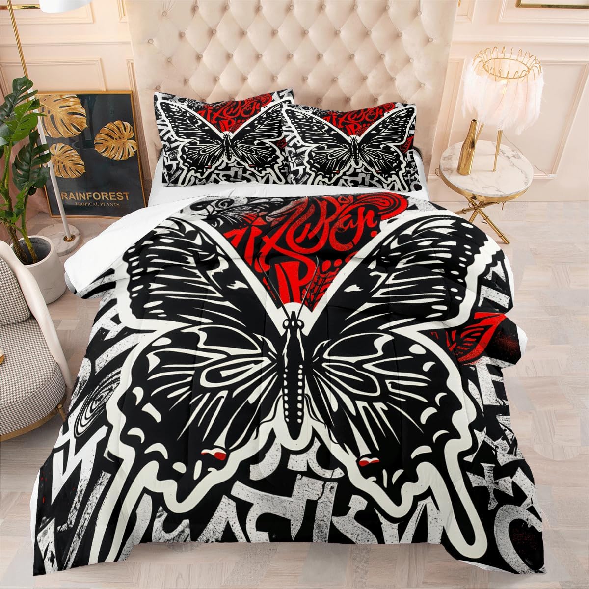 Butterfly Comforter Sets Black White Reversible Butterfly Bedding Set Twin Size Chic Boho Butterfly Print Bedding Set 3Pcs with 2 Pillowcases
