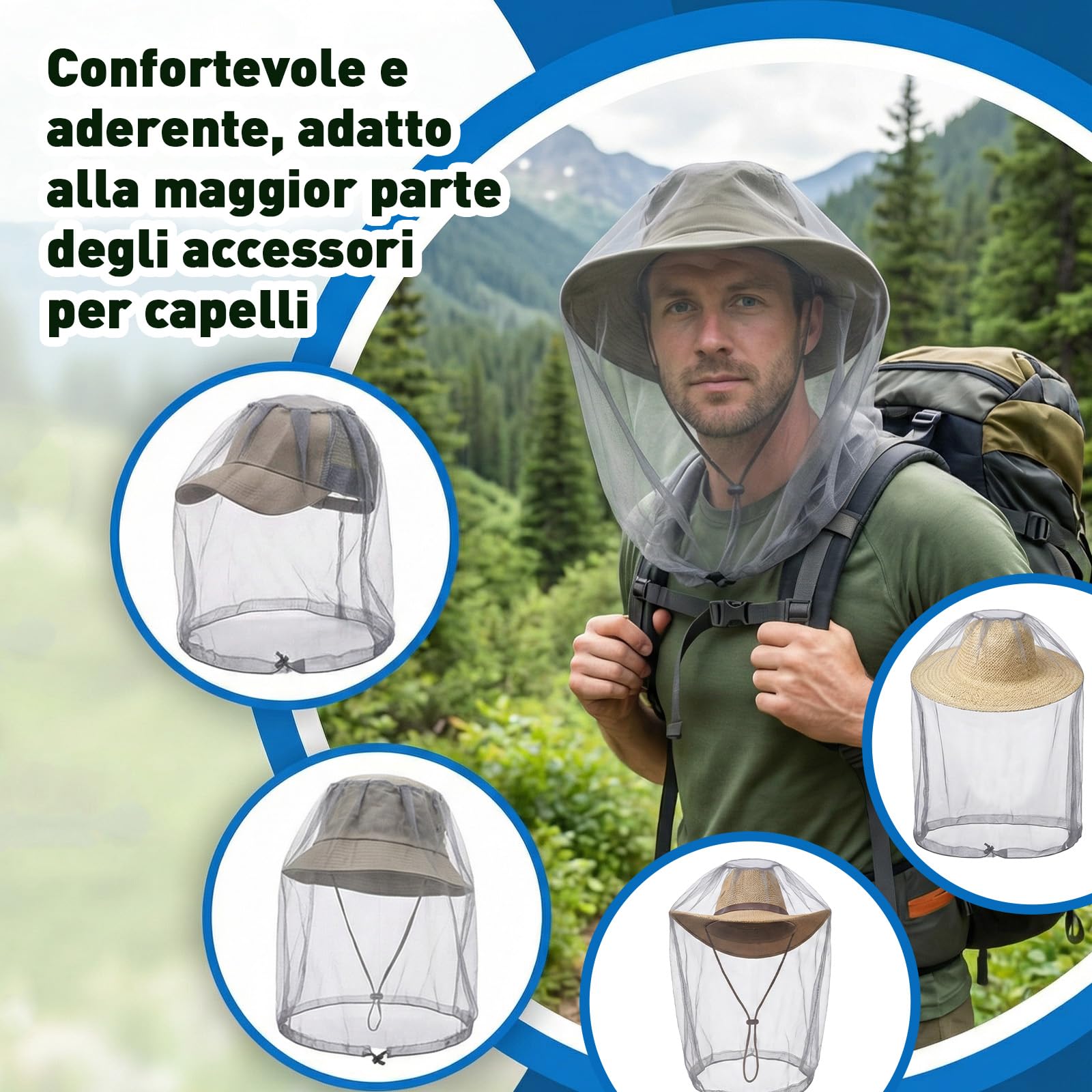 Cappello con Zanzariera, 2 PCS Zanzariera Testa, Protezione da Insetti Zanzare, Copricapo Rete Zanzare Leggero e Traspirante Ideale per Camping Pesca Alpinismo(Grigio)