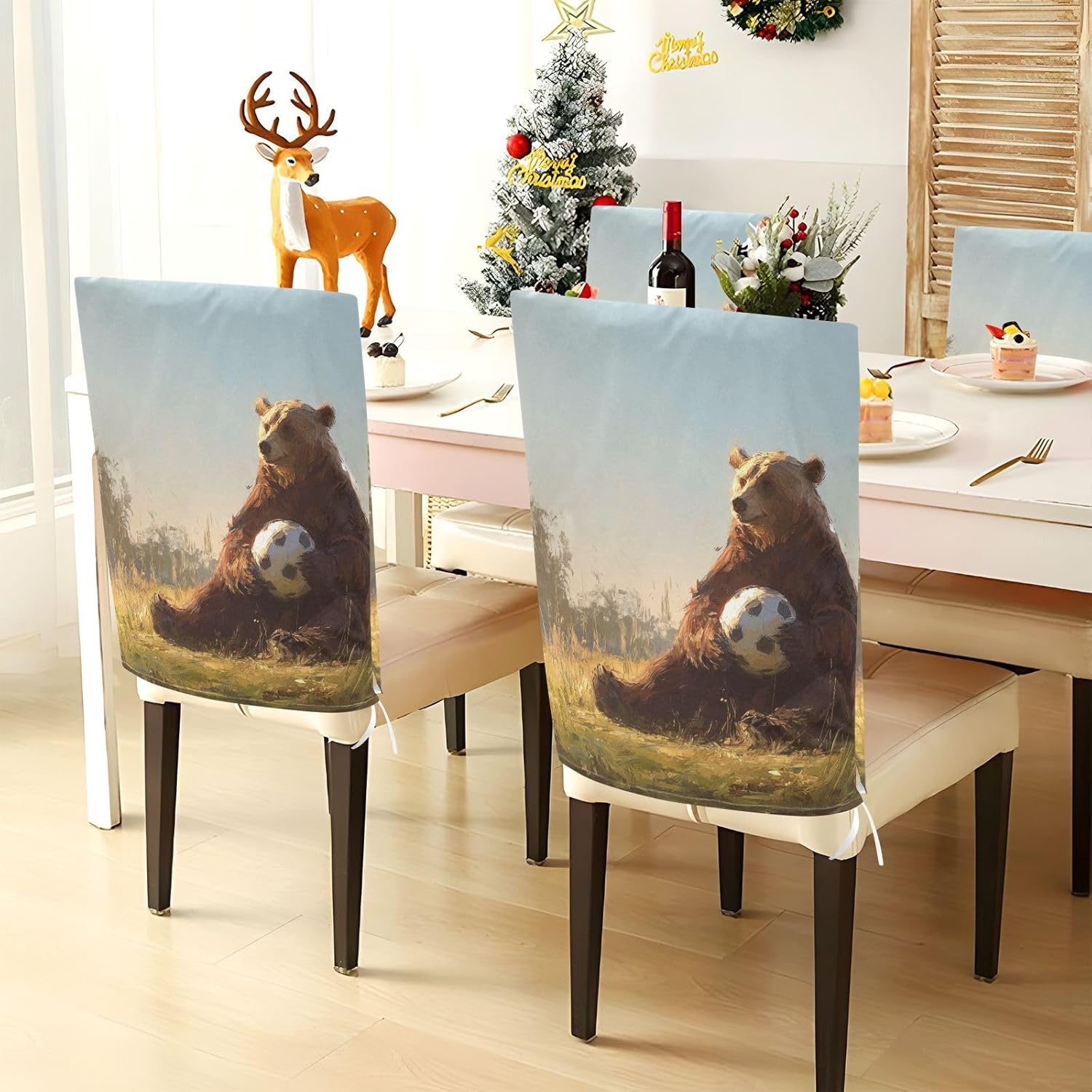 ALAZA Bear and Soccer Ball Chair Back Cover Set of 6, Washable Reusable Removable Chair Slipcovers Decorative Chair Cover for Home Kitchen Wedding Party