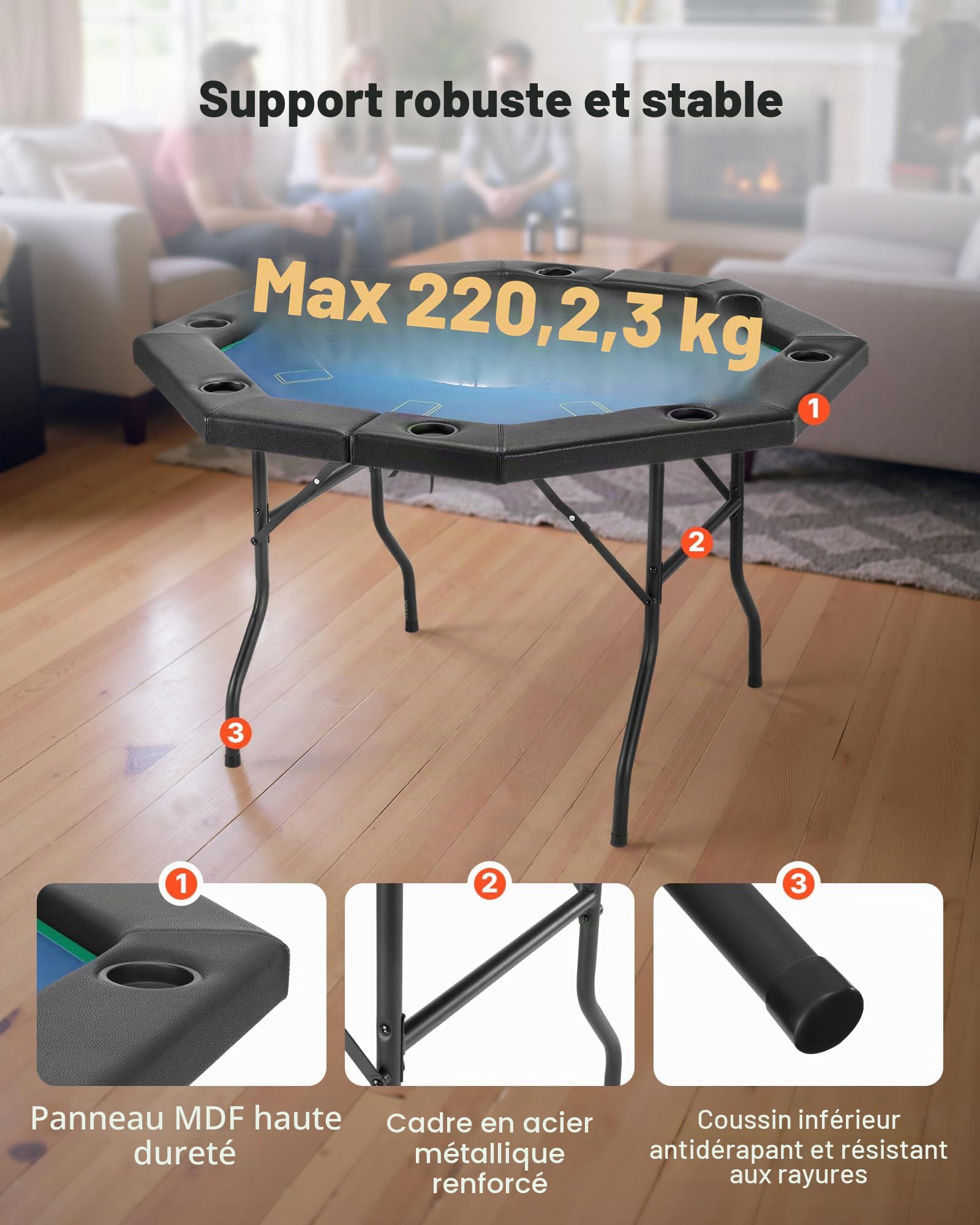 VEVOR Table de Poker Pliable 132,5 cm pour 8 Joueurs, Table de Casino Octogonale pour Blackjack et Texas Holdem, avec Rails Rembourrés et Porte-Gobelets, pour Jeu de Cartes Jeu de Société, Maison