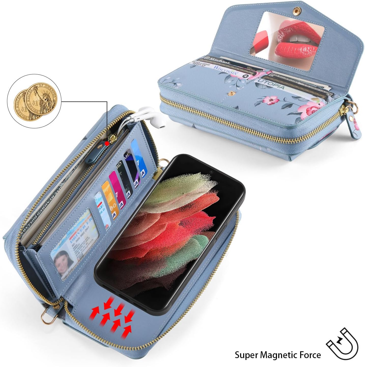 Compatible for Samsung Galaxy S24 Ultra Phone Case Wallet for Women Zipper,Detachable Magnetic,RFID Blocking Card Holder,Crossbody Strap Wristlet Case for Galaxy S24 Ultra.B2