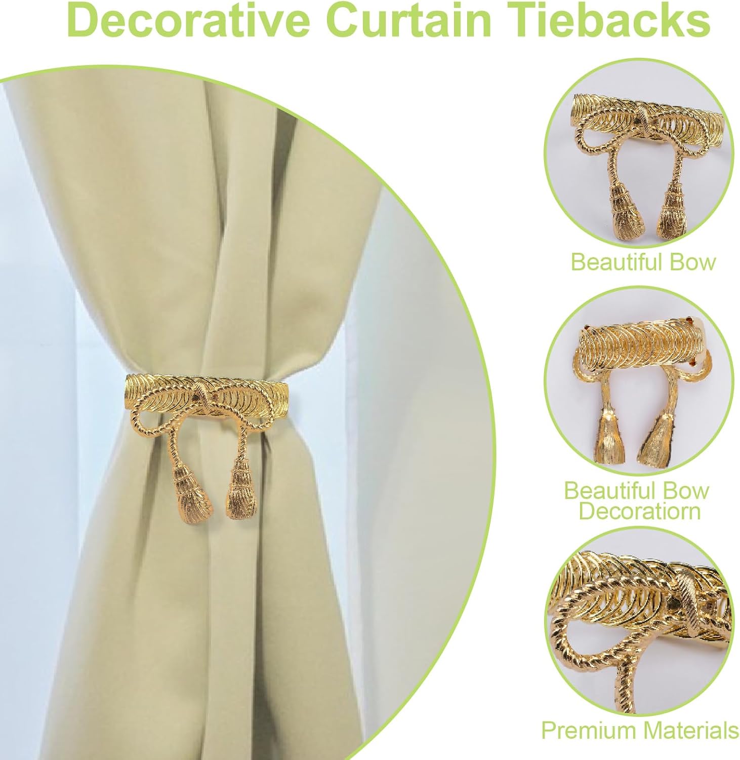 2Pcs Curtain Tie Backs,Metal Creative Drape Rope Buckles Decorative Bowknot Curtain Tiebacks Spring Drape Holder for Home Office(Gold Bowknot)