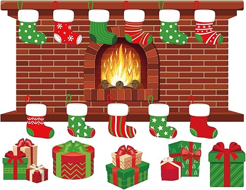 Miniatura 9 de 66 piezas de decoración de pared de Navidad con chimenea grande de temporada, decoración de tablón de anuncios de Navidad, diseño de fondo