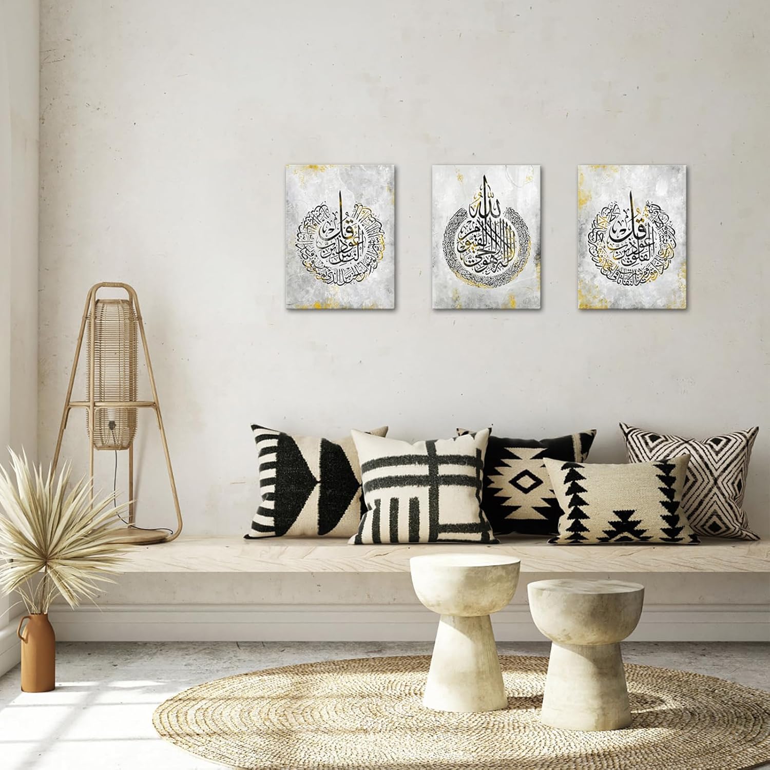 Canvbay Islamic Canvas Wall Art Ayatul Kursi Surah Al-Falaq and Surah Al-Nas Paintings Prints Arabic Calligraphy Artwork Black Gold Muslim Ramadan Poster Framed for Home Decor 12x16inchx3pcs