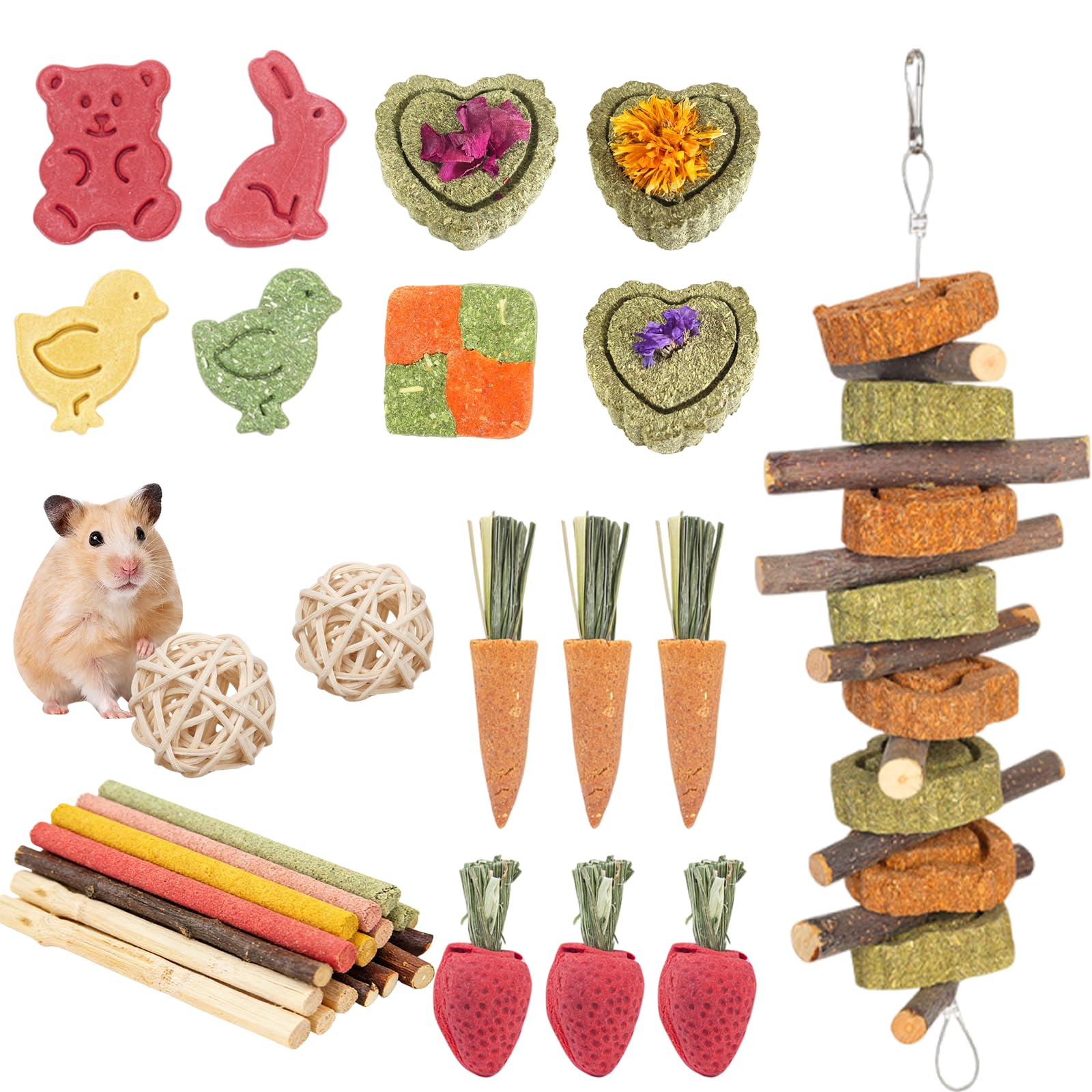 Juego de 42 Juguetes para Conejos, Juguetes Naturales para Masticar Conejo, Juguetes Hamster, cobaya y Chinchilla, palitos de heno de Madera de Manzana para Tratar la dentición de Conejos y Animales