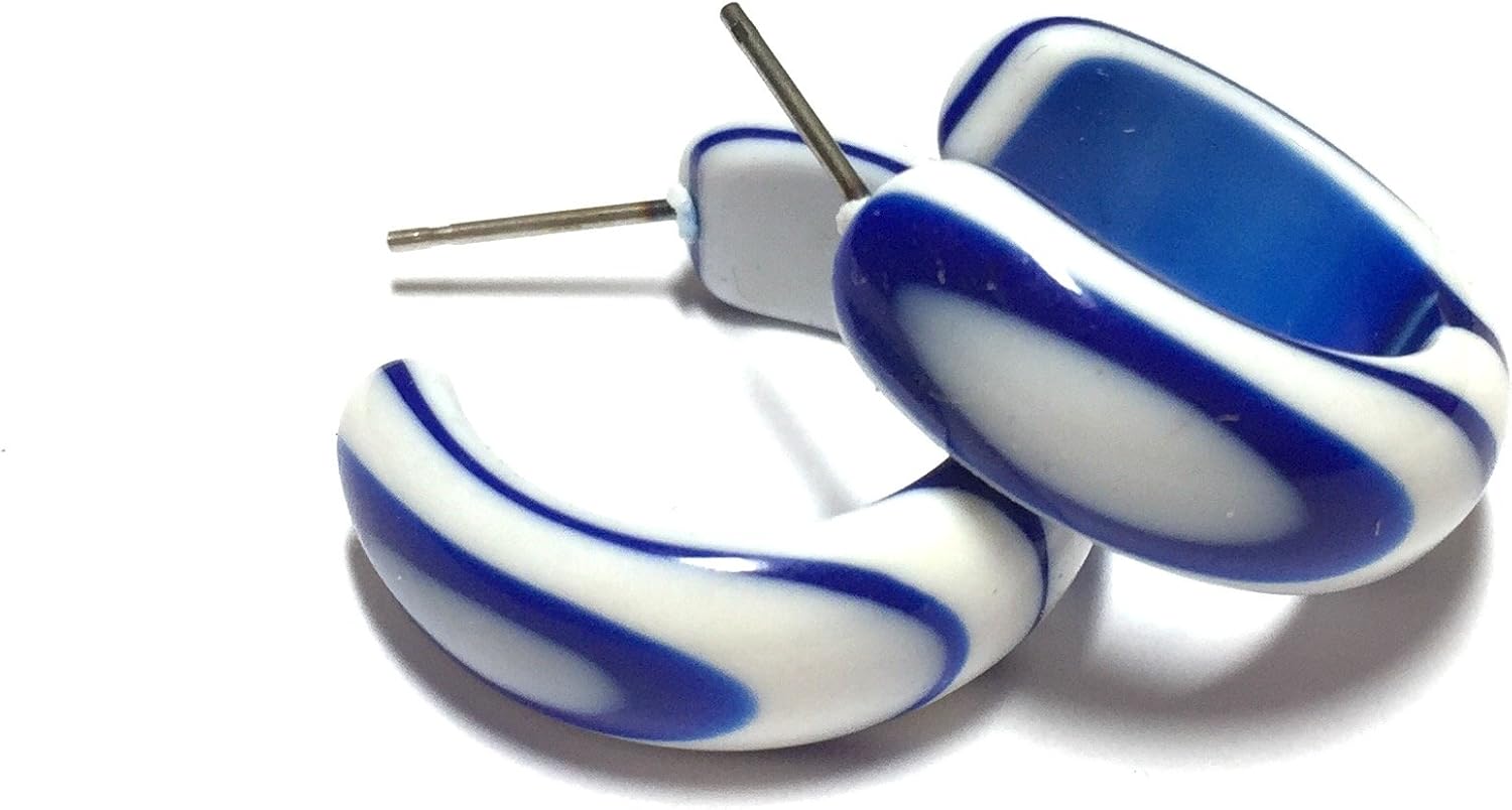 Blue and White Hoops | vintage lucite marbled small simple agate hoop earrings - SIMSM-BL-1