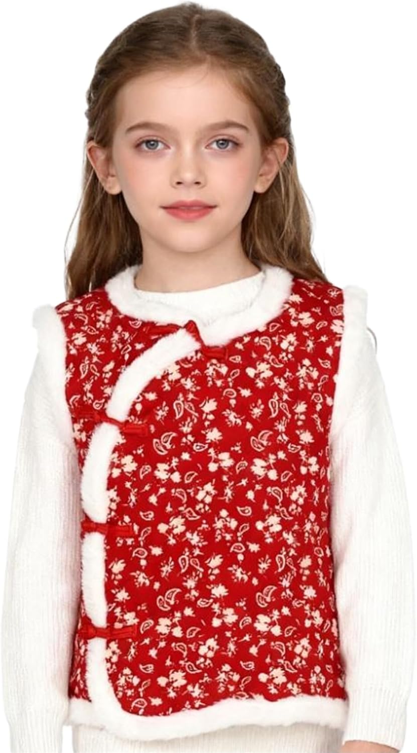 TTAO Girls Fleece Vest with Knot Front Floral Print Sleeveless Thick Jacket Winter Outerwear for Kids
