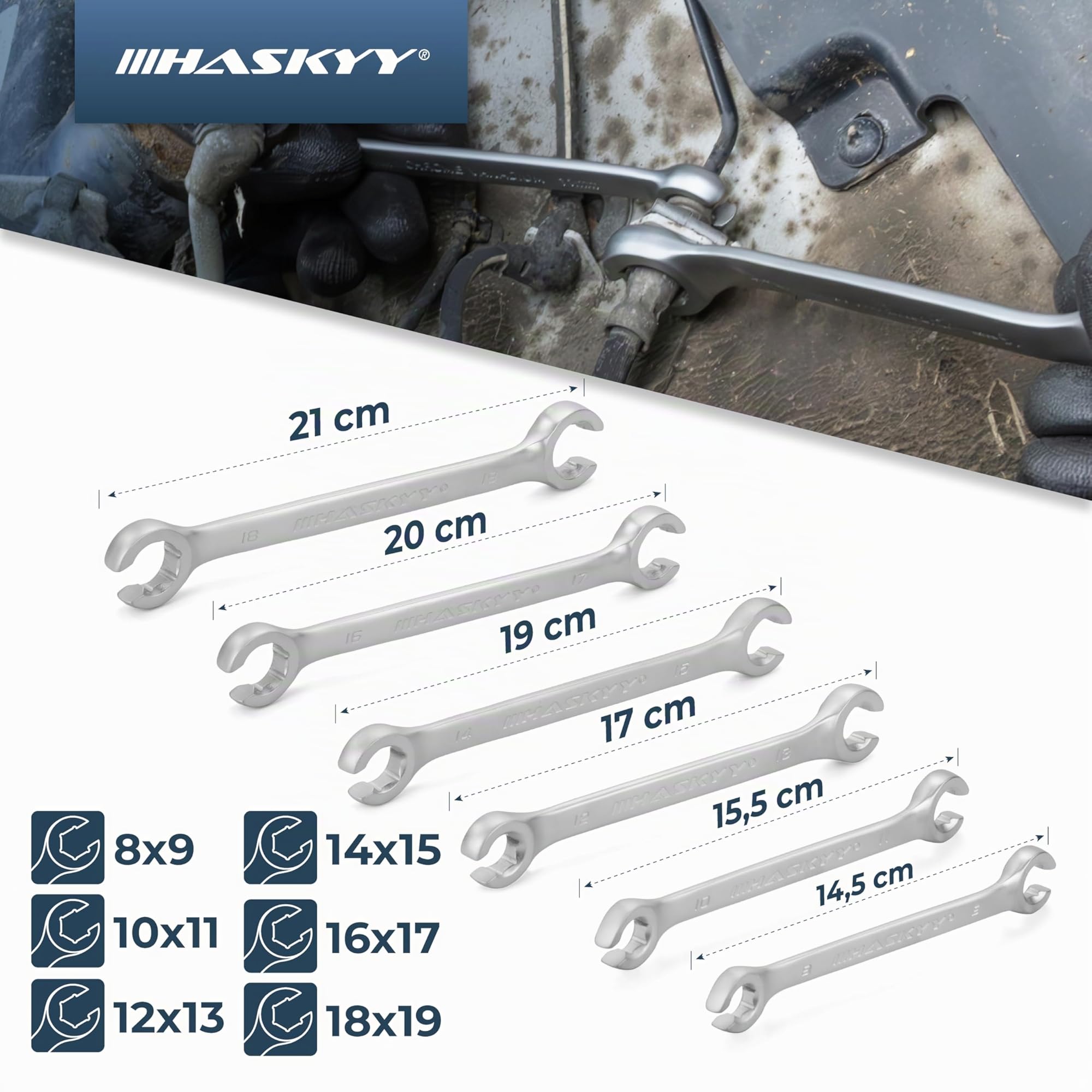 HASKYY 6 chiavi per tubazioni del freno SET I Chiave ad anello aperta I Chiave per tubazione del freno 8-19mm