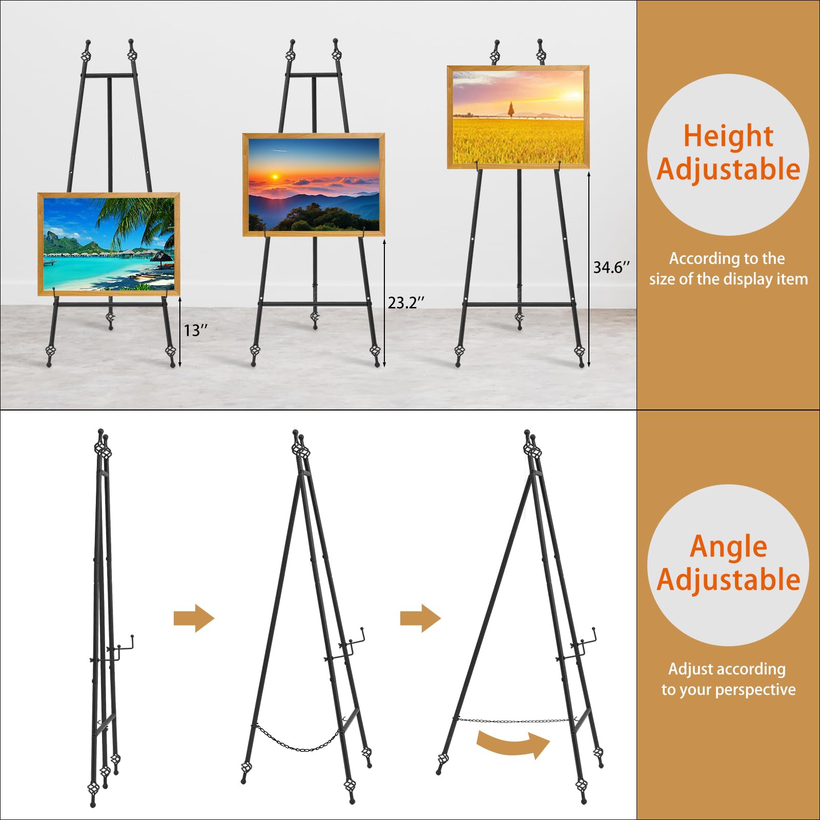 Metall-Staffelei mit Kettenstütze für Spiegel, Eisen-Bodenstaffeleien für Display, Hochzeitsschild, 147 cm, verstellbare Kunst- und Bastelstaffeleien (schwarz)
