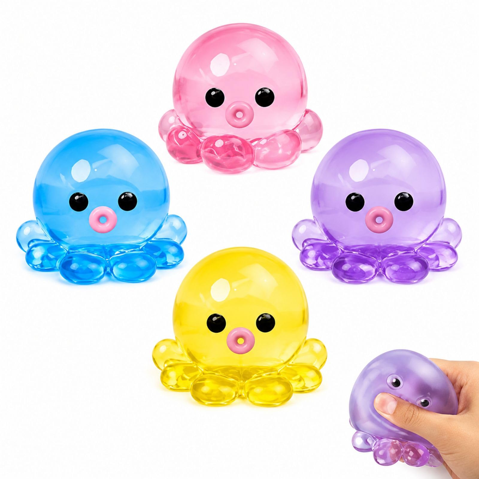 4 PCS Squishy Octopus, octopus squishy , Transparent Pink Blue Purple Yellow Set of 4, Portable Design for Various Activities and Settings