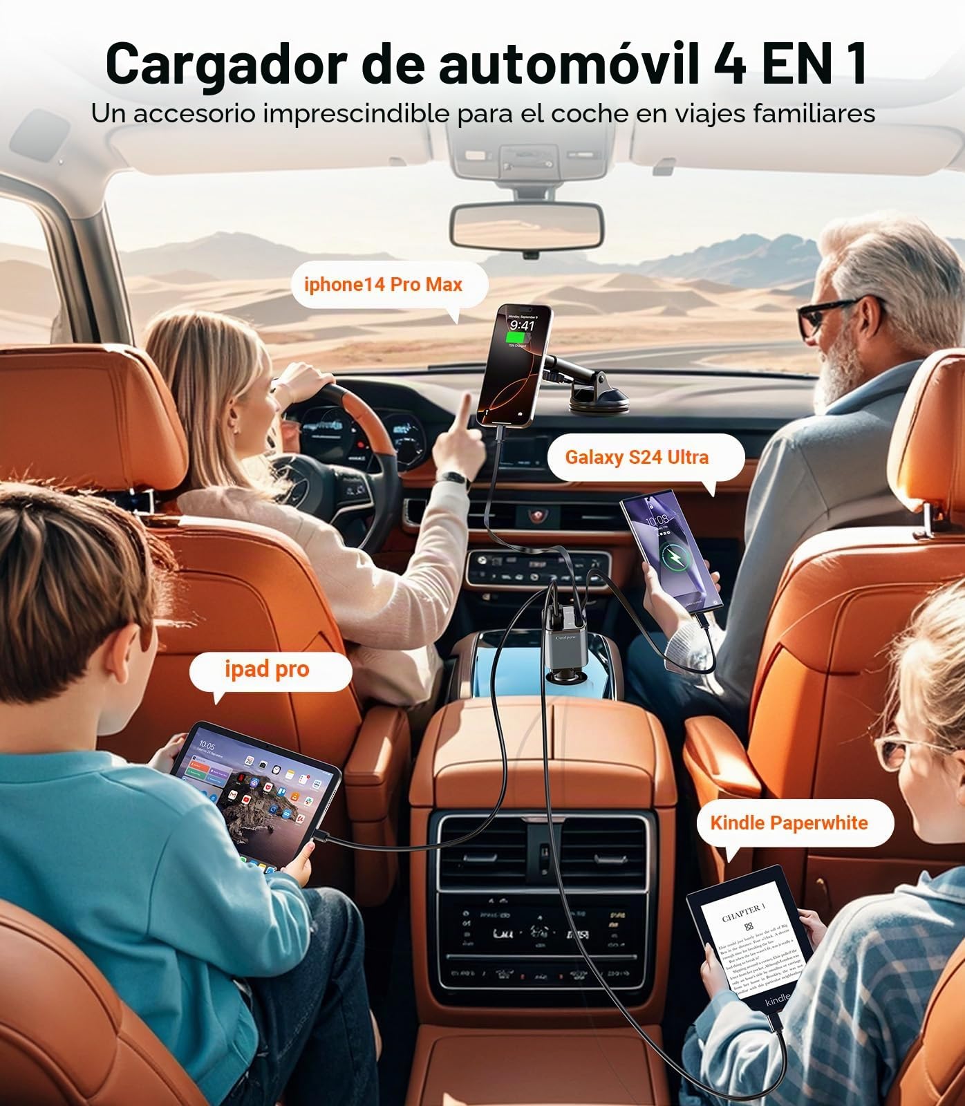 4 EN 1 Cargador Coche USB C, 69W Cargador Mechero Coche【180° Plegable】 Car Charger Adaptador Móvil Coche con 2 Cables Retráctiles para iPhone 16/15/Samsung S25/S24/iPad/GPS