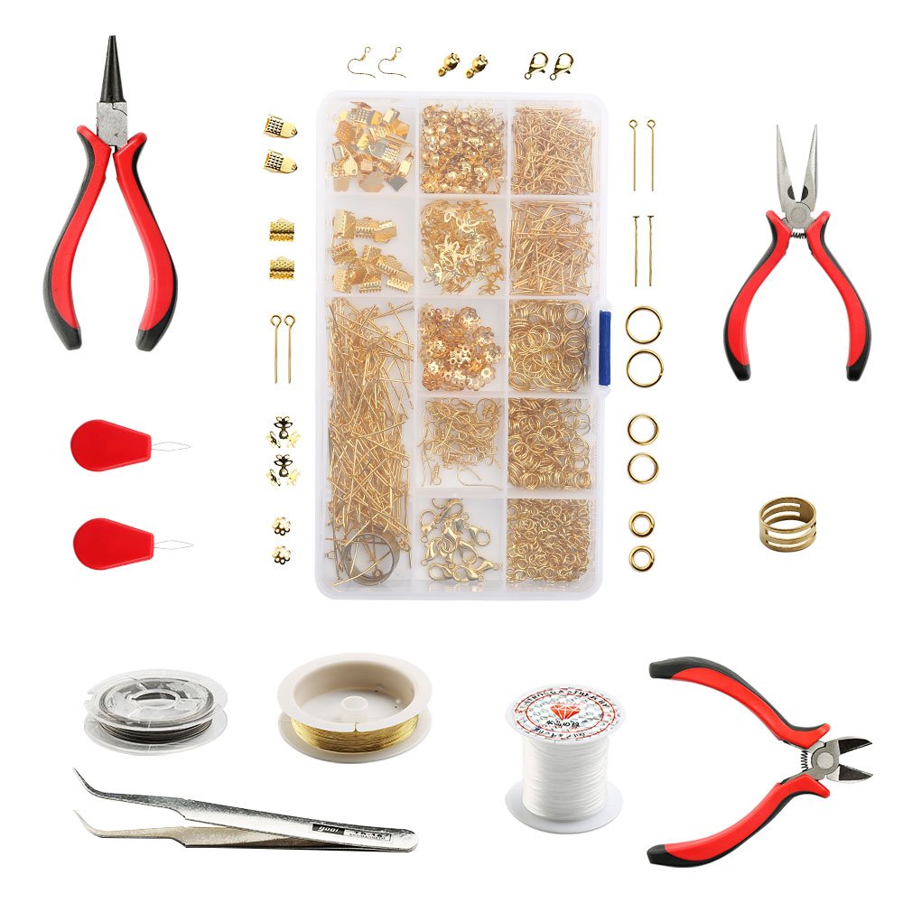 Moolon Jewelry Findings Set Jewelry Making Starter All in one Tool Mix Pliers Findings Starter Kit Repair Tools Kit for Jewelry Making and Crafting (Gold)