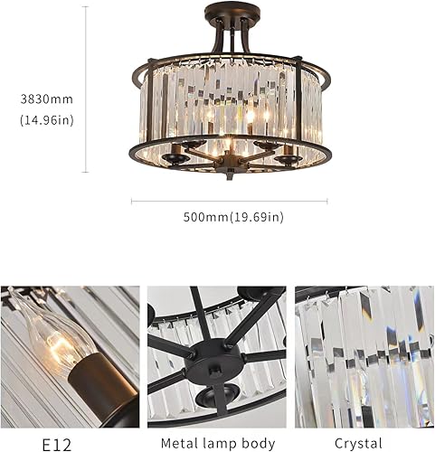 Miniatura 2 de 5-Light Black Semi Flush Mount Crystal Chandelier Metal Modern Ceiling Light Fixture Lighting for Living Room Dining Room Kitchen Bedroom Foyer