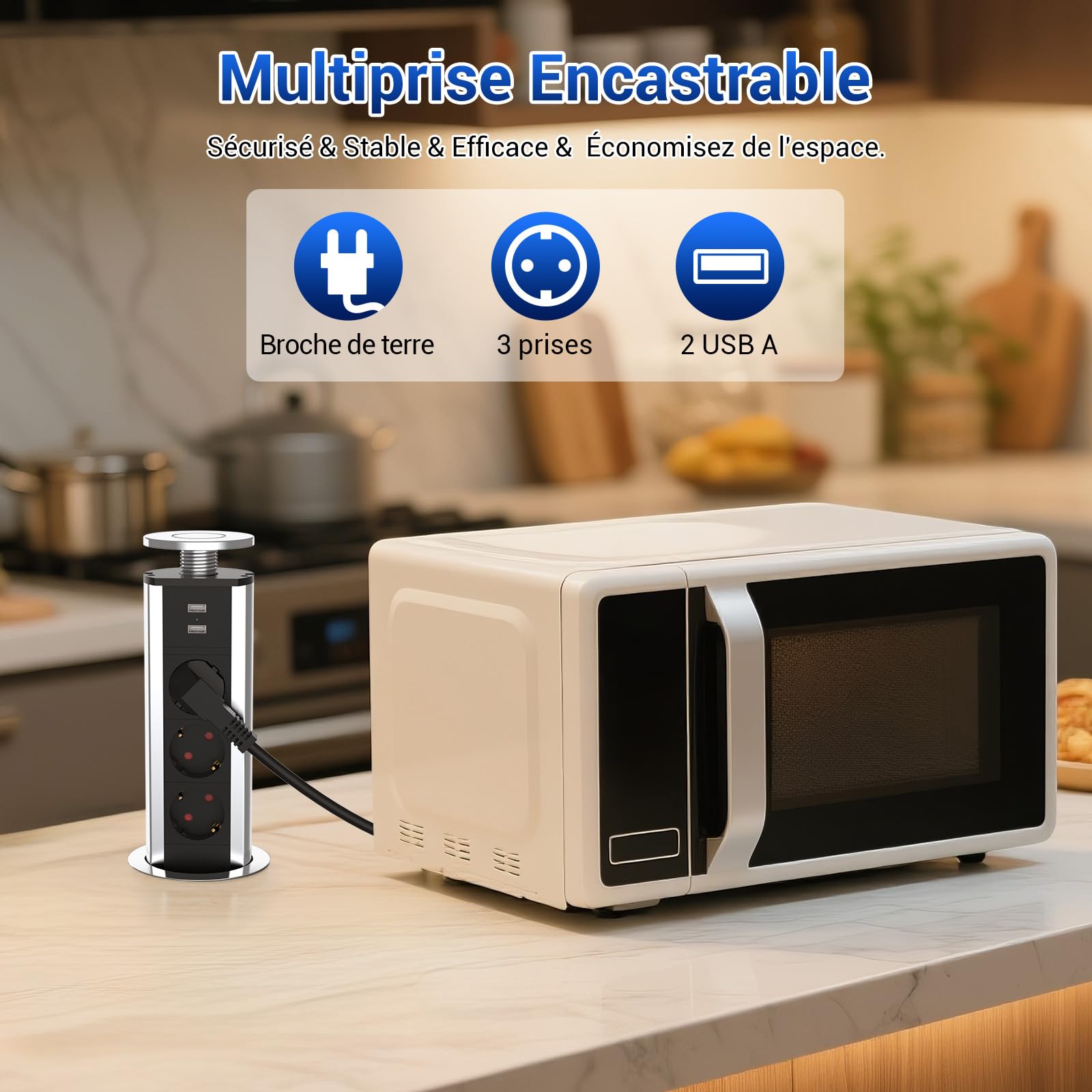 Presa a scomparsa piano di lavoro con 3 prese e 2 USB-A | Diametro 80 mm, cavo 1,8 m, multipresa da incasso per cucina, ufficio, camera da letto, soggiorno