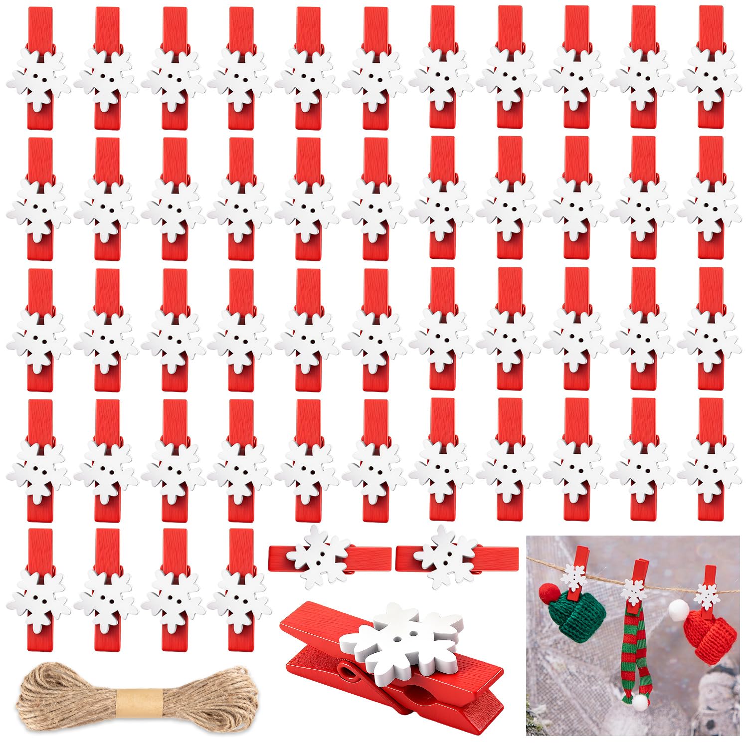 Mini clips de madera de copo de nieve para crear guirnaldas de fotos navideñas
