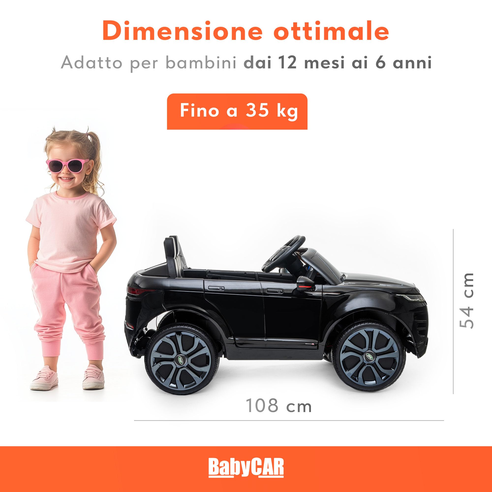BabyCar Range Rover Evoque | Macchina per Bambini Elettrica Telecomandata 12V 2 Motori 35W | Auto Elettrica per Bambini 2 Posti | Sedile Pelle, Porte Apribili, USB | Licenza Ufficiale | Nero, MP3