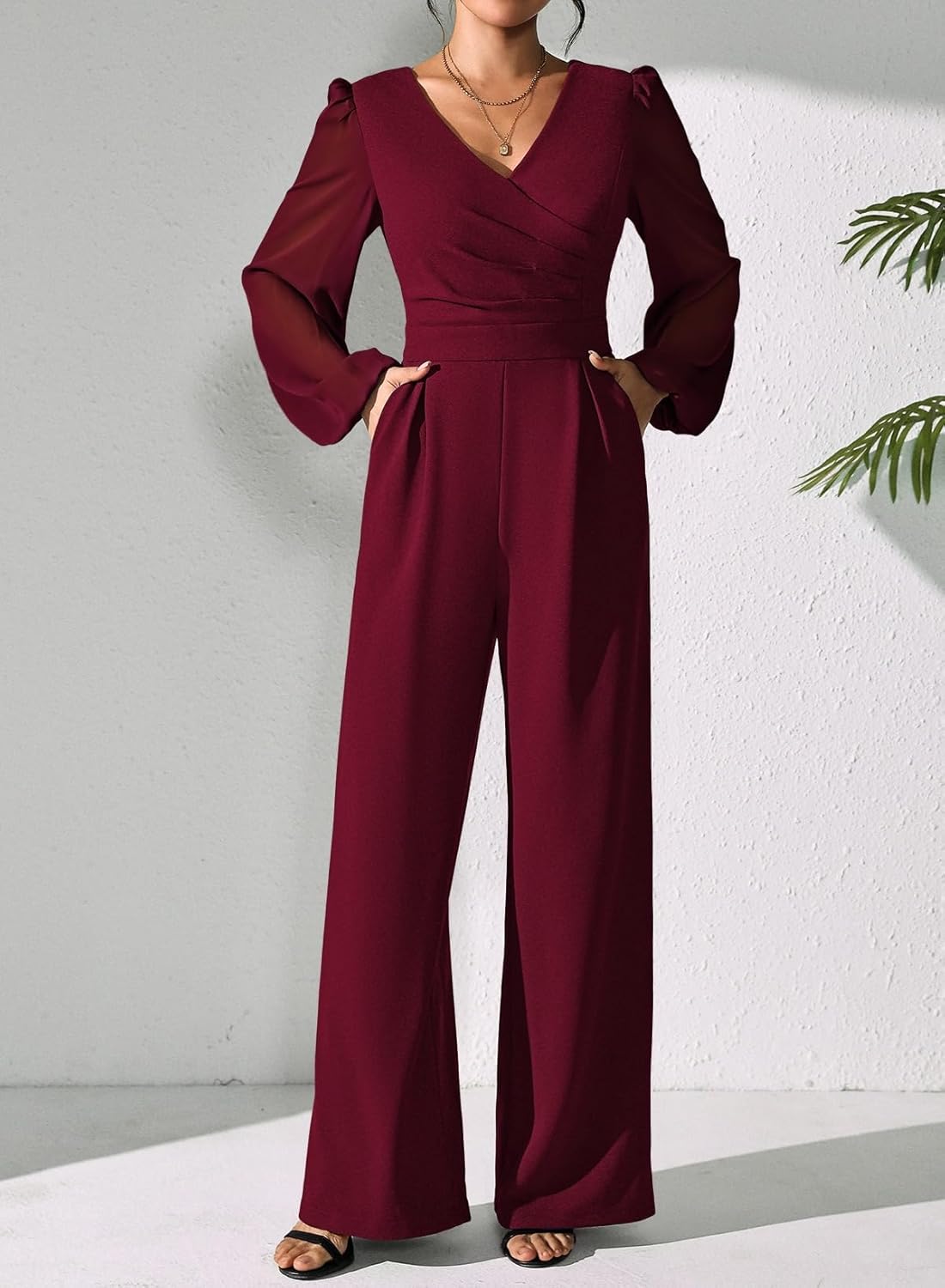 Pink Queen Jumpsuits for Women Dressy Patchwork Chiffon Sleeve V Neck Wide Leg Romper Holiday Party Outfits - Image 8