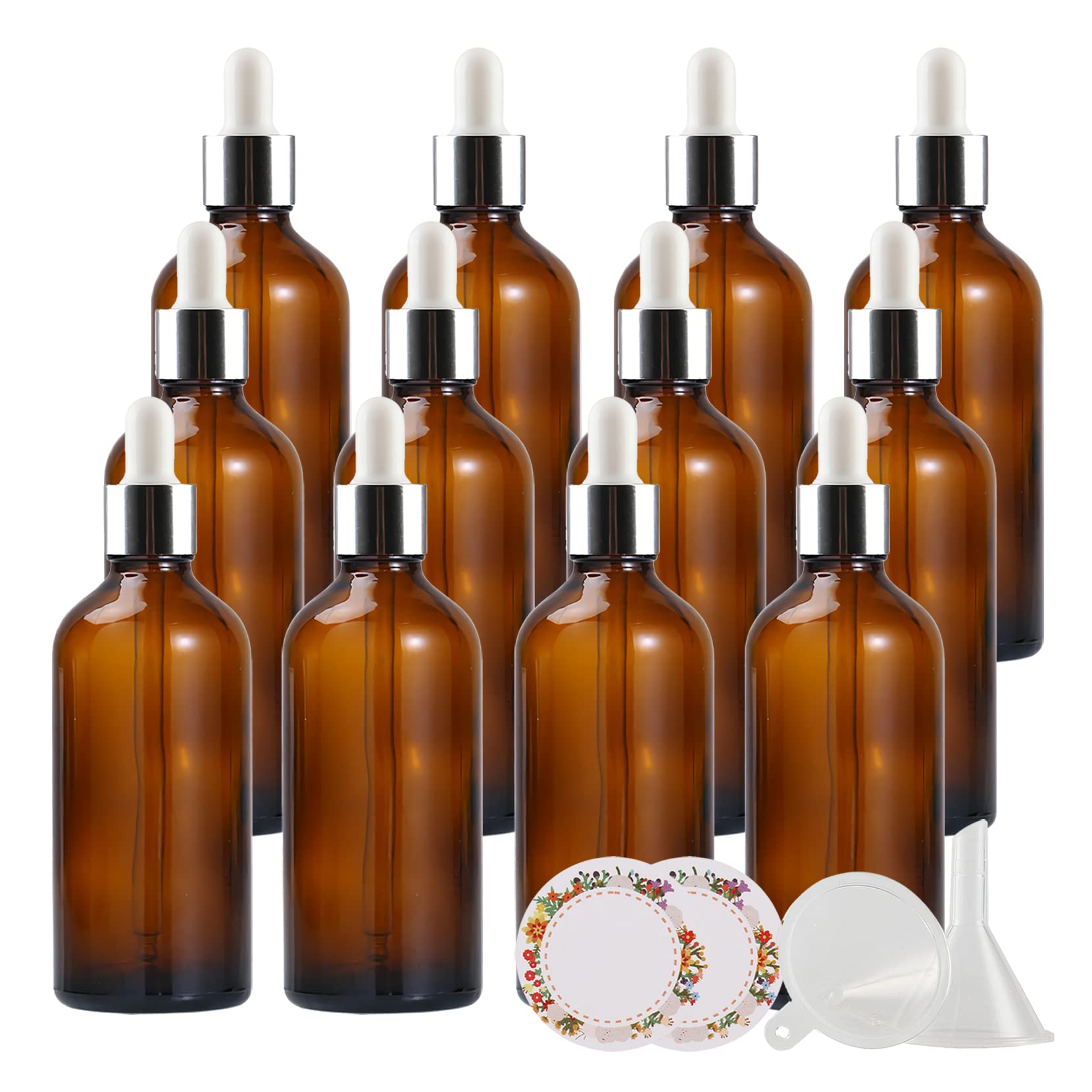 24 Stück 100ml Leere Braunglas Tropfflasche Pipettenflaschen mit Silber Schraubverschluss, 100 ml Braun Glasflasche mit Pipetten Tropfpipetten Glaspipette, 2x Trichter, 24x Etikette