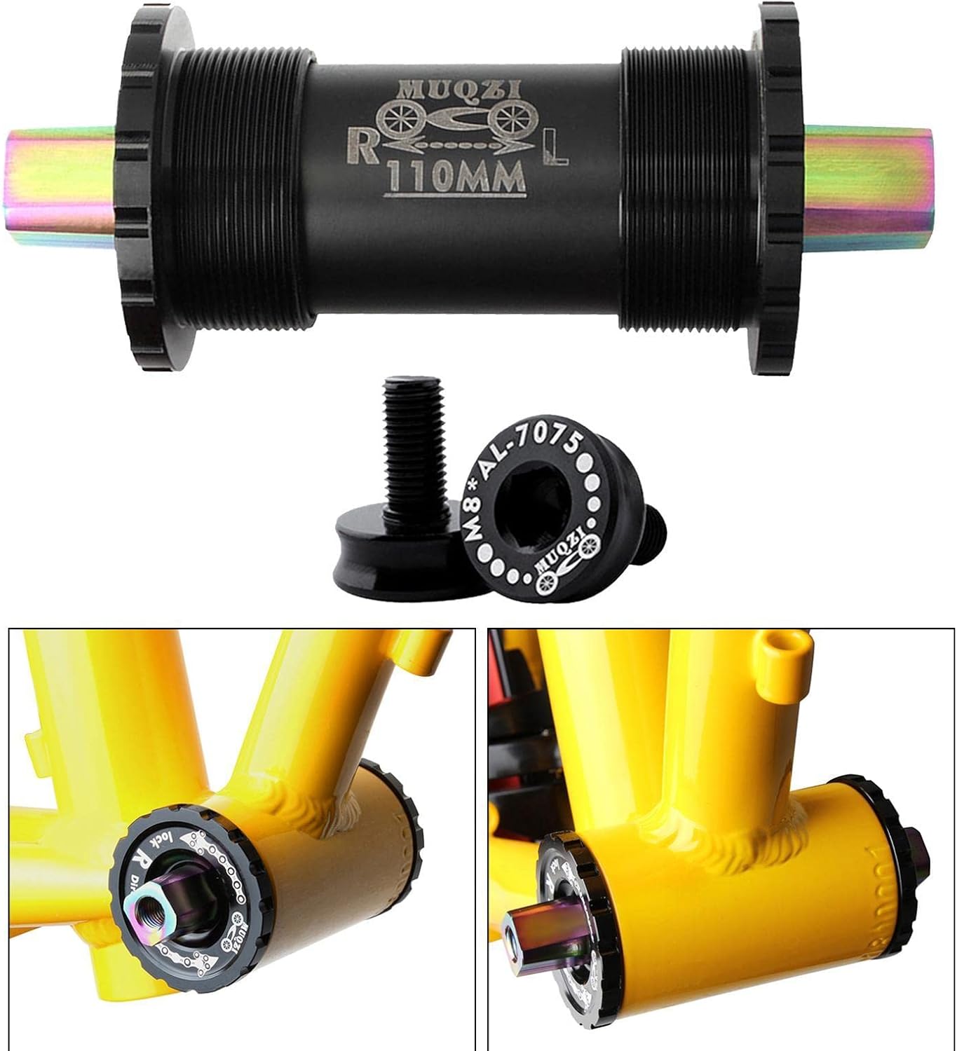 High Strength Titanium Alloy Bike Bottom Bracket Set with Square Hole Screws - Super Moist & Corrosion , Easy Installation - for Road, Mountain, Folding Bikes - Square Tapered - 110mm Black