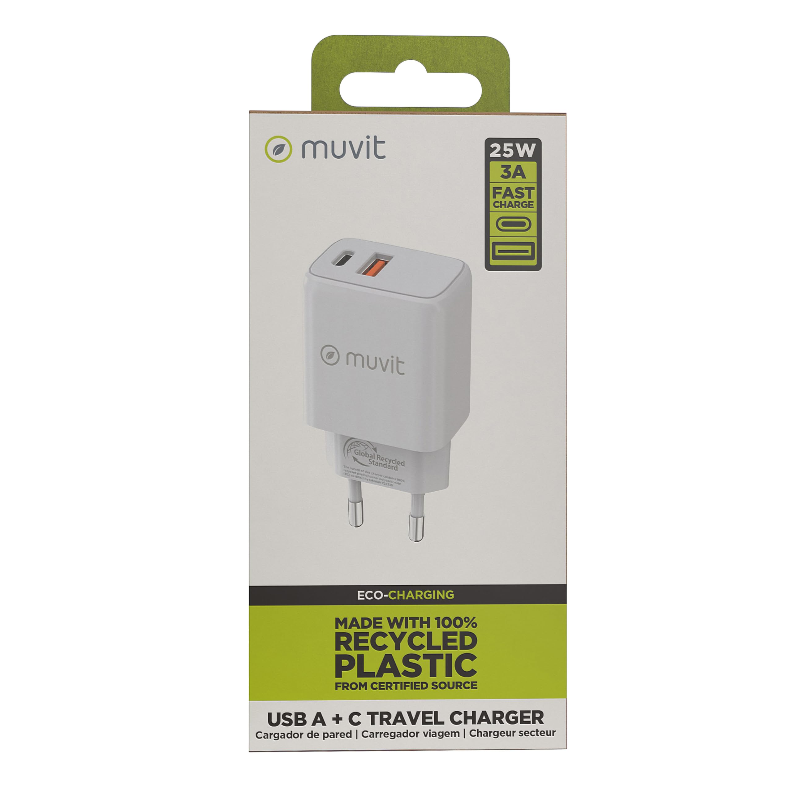 muvit for Change Chargeur mural 1 USB QC 3.0 18 W + 1 Type C PD 25 W Blanc