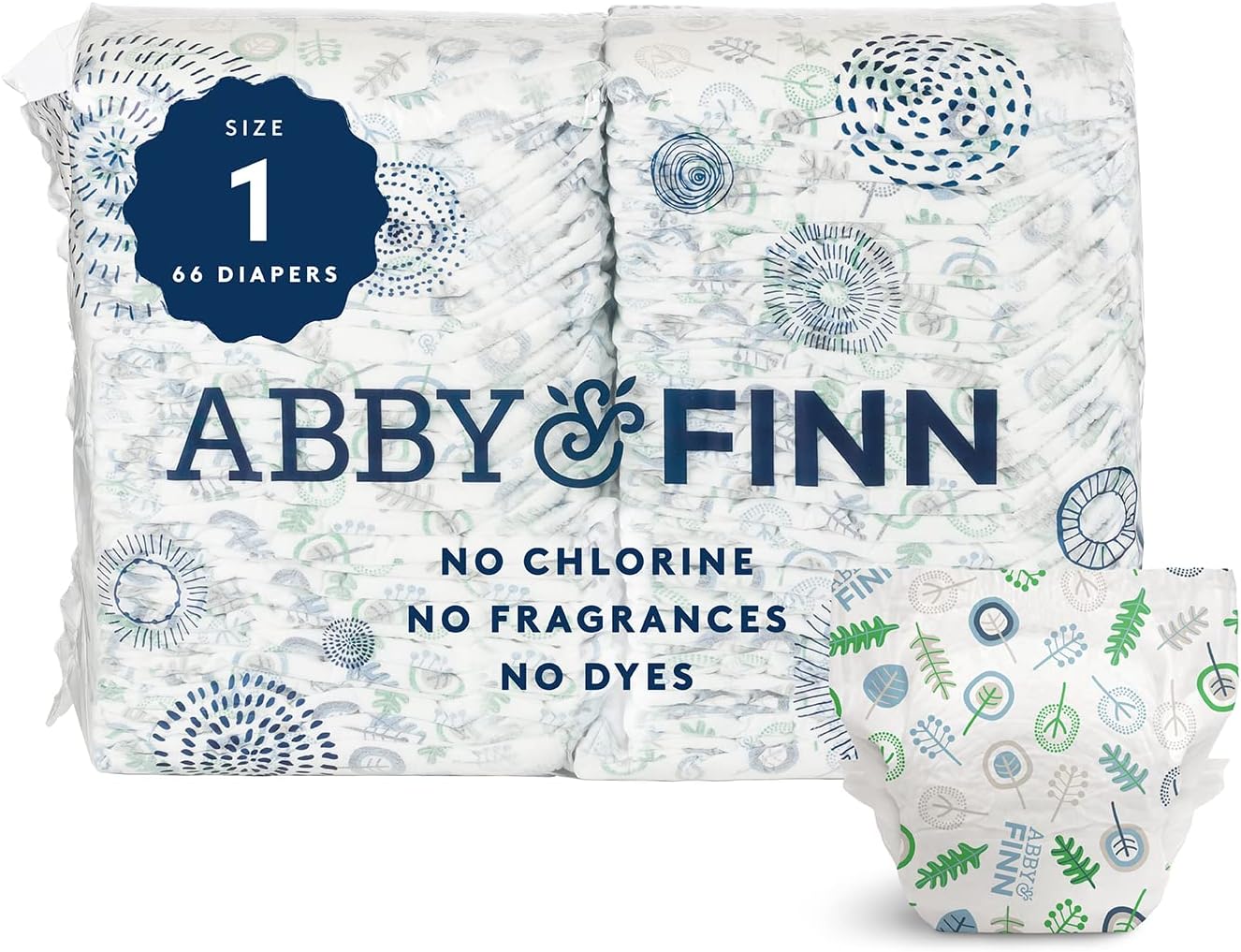 Baby Diapers Size 1, 66 Count by ABBY&FINN, Chlorine Free, Eco Friendly, Hypoallergenic, Day & Overnight, for Sensitive Skin, Super Absorbent- Woodland Print