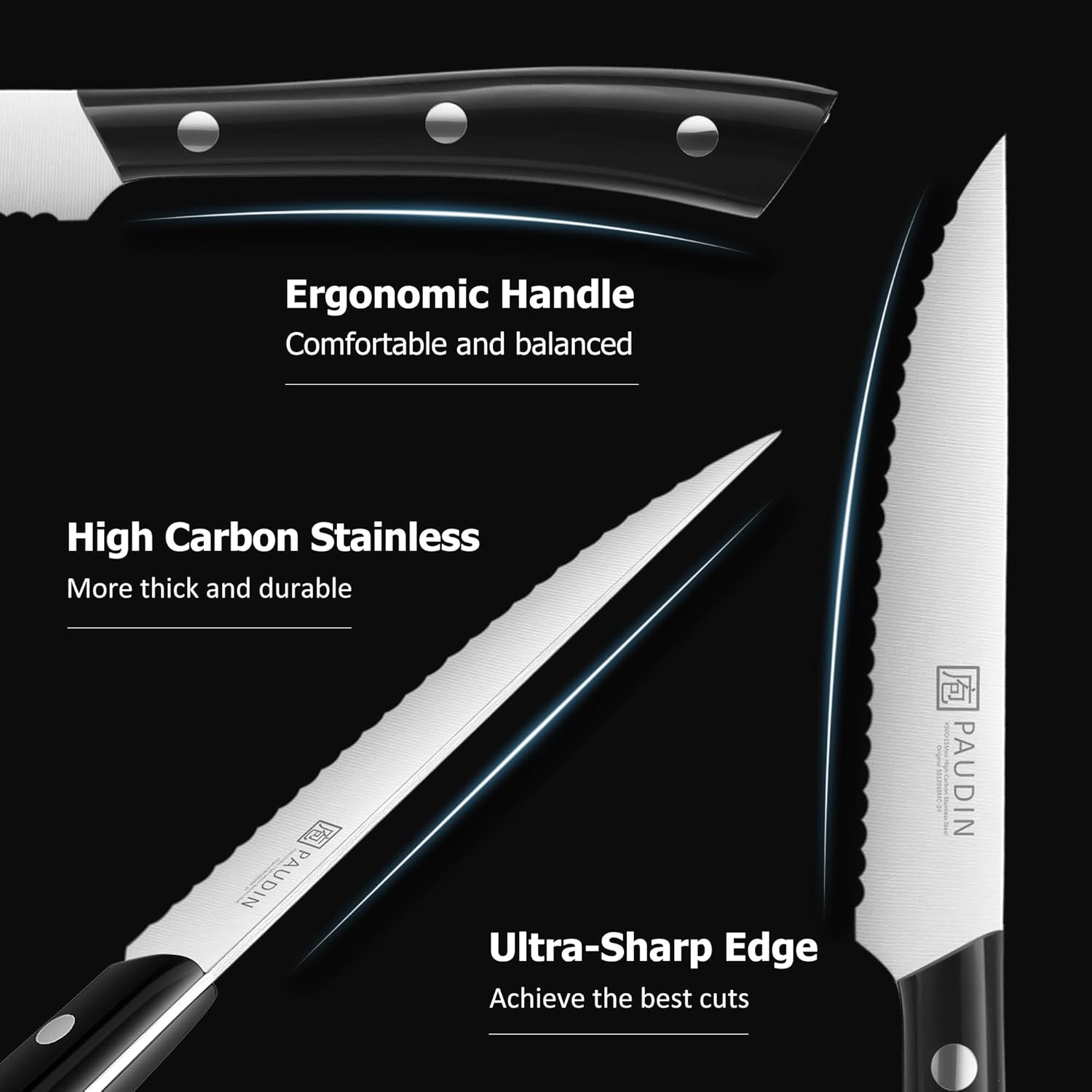 PAUDIN Steak Knives, Steak Knife Set of 8, Razor-Sharp Kitchen Knife Set 4.5 inch, High Carbon Stainless Steel Serrated Steak Set for Kitchen,Black Steak Knives