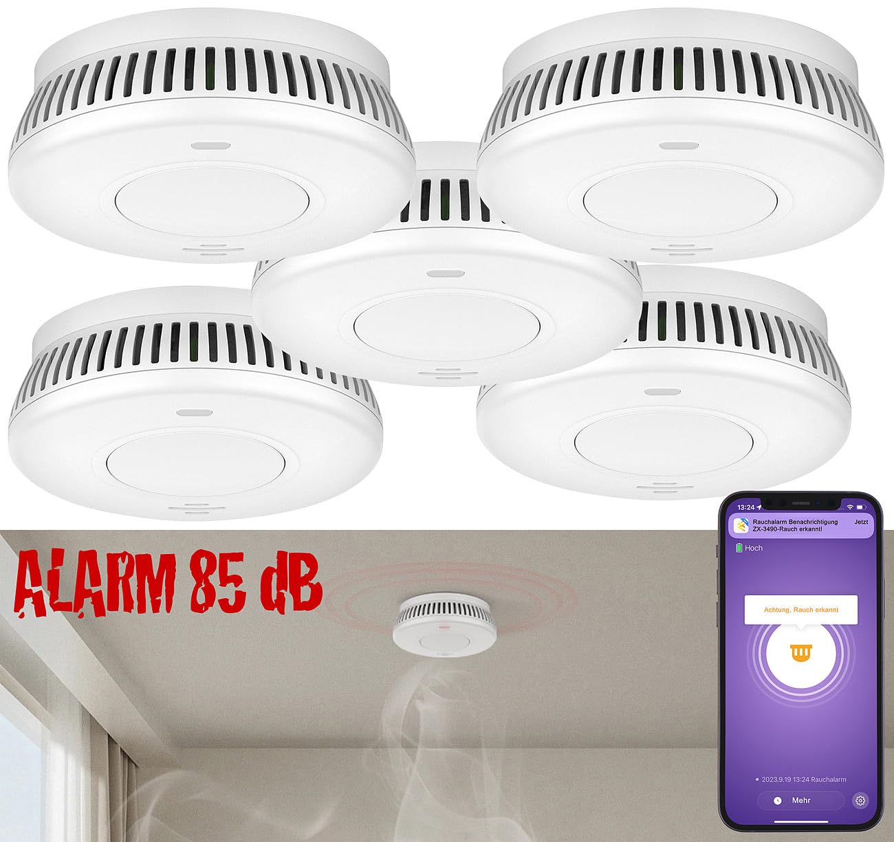 VisorTech rilevatore fumo tuya: set da 5 Rilevatore di fumo WLAN, batteria integrata di 10 anni, 85 dB (set, allarmi antincendio, radio)