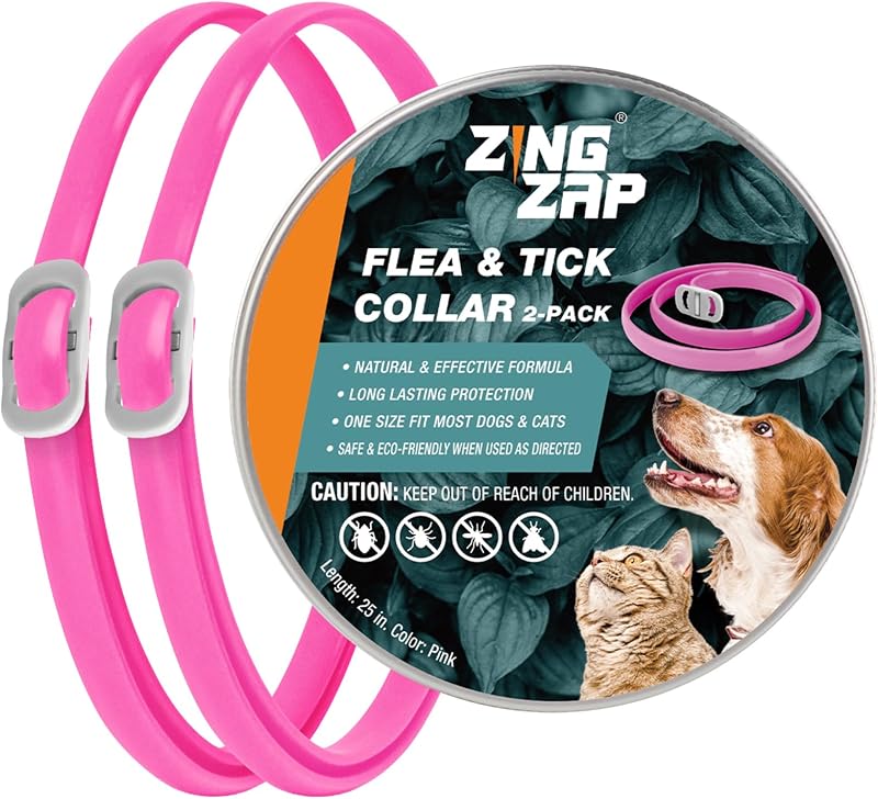 Flea & Tick Collar 2-Pack Pink, Protects from Biting Insects, Adjustable Fits Both Dogs & Cats, Built-in Plant Based Formula, Slow-Release Lasting Protection, Waterproof