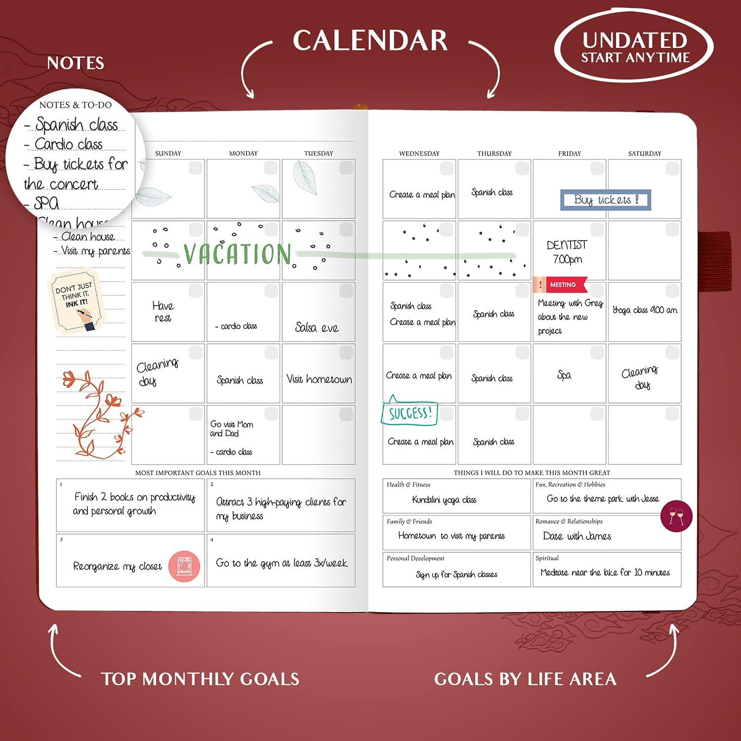 Legend Planner – Deluxe Weekly & Monthly Life Planner to Hit Your Goals & Live Happier. Organizer Notebook & Productivity Journal. A5 Hardcover, Undated – Start Any Time + Stickers – Wine Red Gold : Office Products