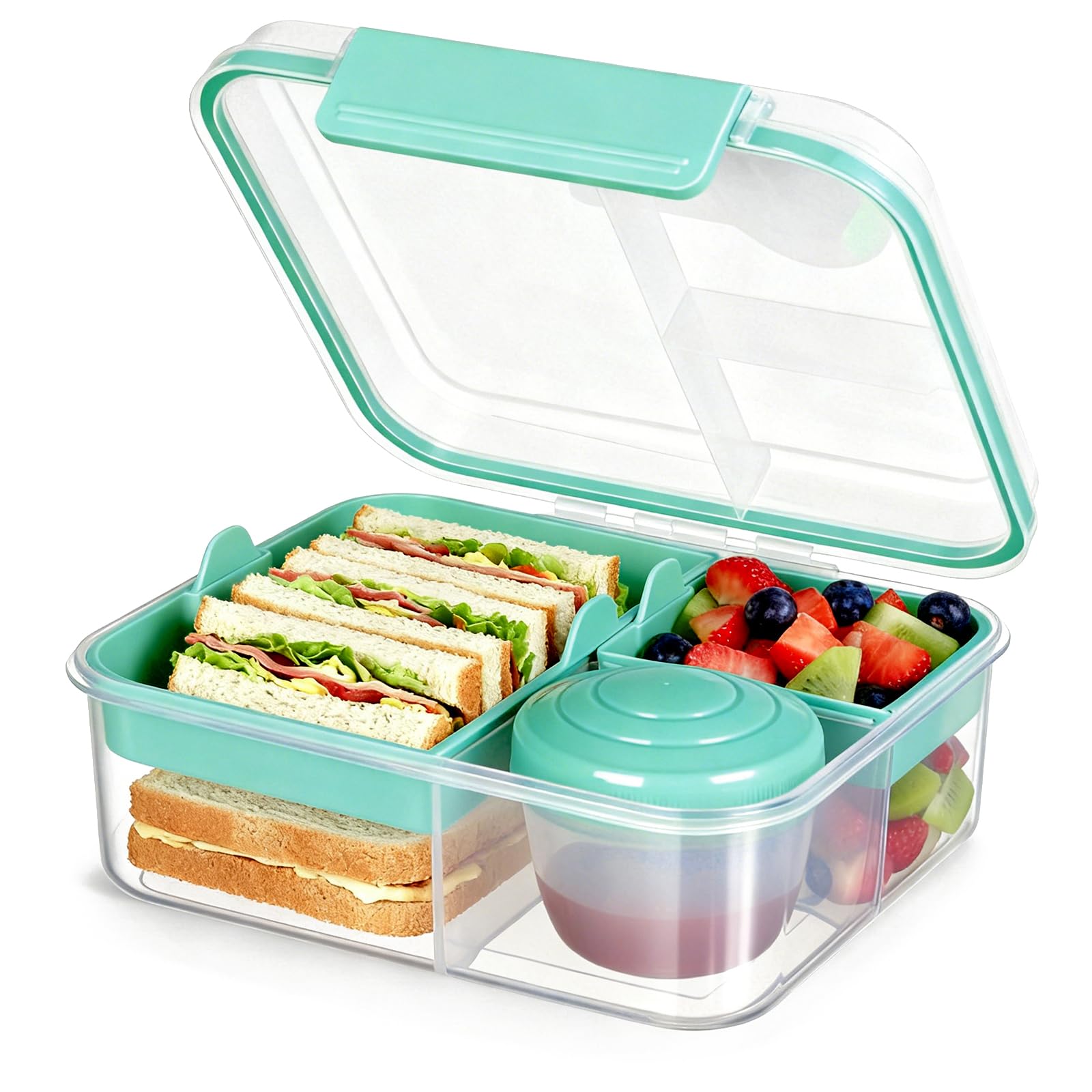 VINATO Children's Lunch Box with Compartments, Lunch Box for Adults and Children, Bento Box with Portable Handle, Turquoise, 1.65 Litres
