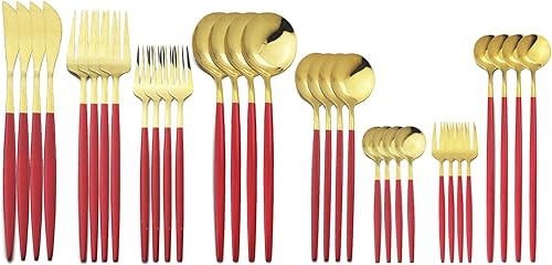 JASHII Juego de cubiertos de 32 piezas con tenedor para tartas, mango largo, cubiertos de acero inoxidable para 4 juegos de vajilla de comer, aptos