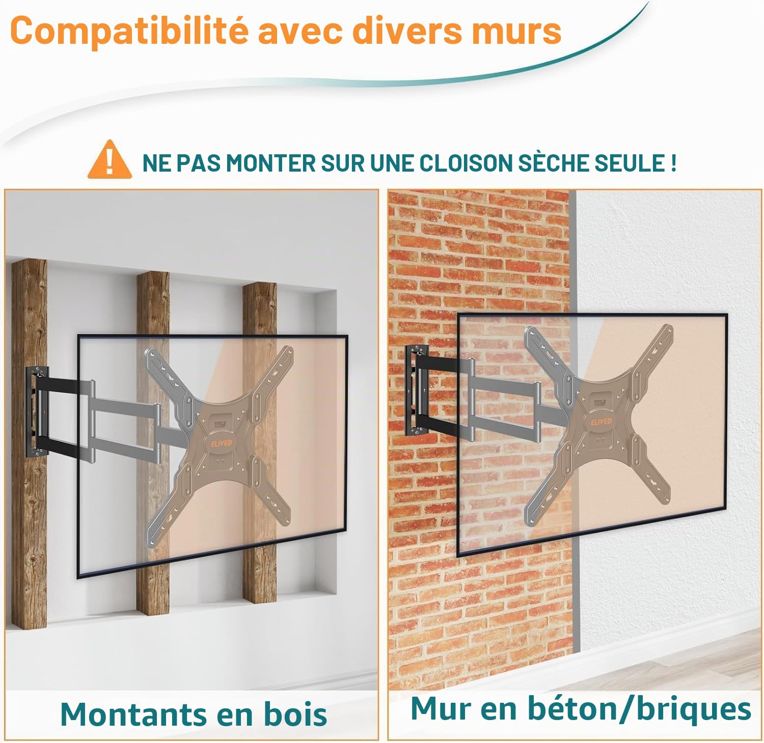 ELIVED Support mural TV à bras long de 950 mm pour téléviseurs de 26 à 65" | Support TV d'angle extensible, max. VESA 400 x 400 mm, supporte jusqu'à 35 kg, EV3018