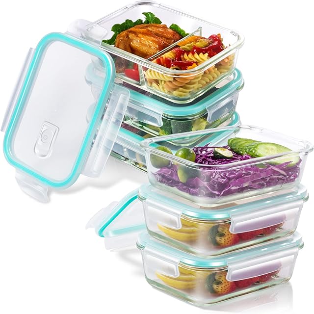 Midyb Glass Food Storage Containers with Locking Lids, 6 Airtight Glass Meal Prep Containers, 1040ml BPA-Free Lunch Boxes with 2 Compartment, Bag & Cutlery Set, Microwave Safe