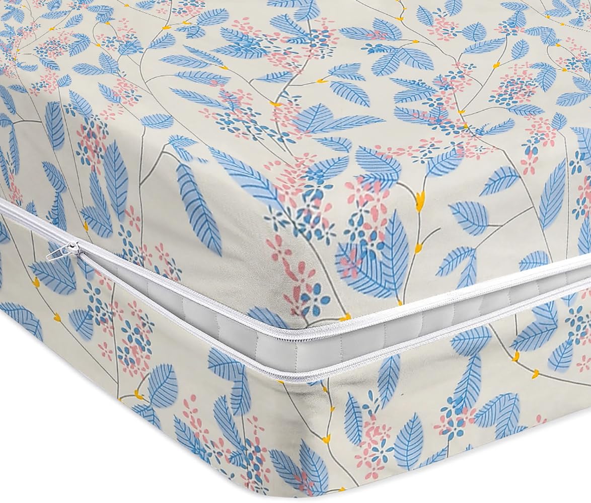 BSB HOME Premium Cotton Printed Mattress Cover/Protector with Zipper Chain|Provides All Around Protection with 360° Encasing | Double Size Bed - 78x72+6 inches (6.5 x 6 Feet Mattress) White & Blue