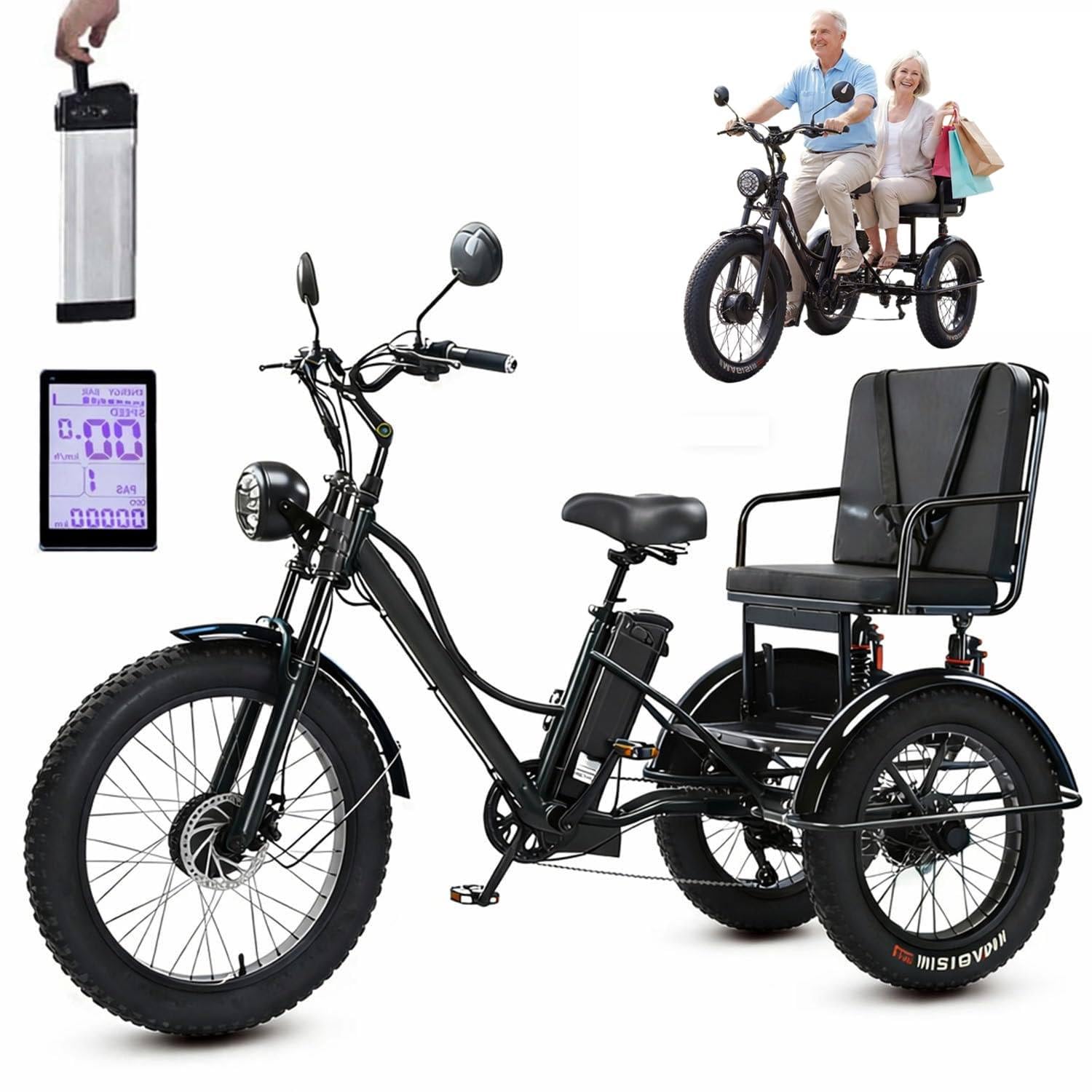 Triciclo elettrico per adulti da 24 pollici con pedalata assistita, sedile multifunzionale, display LCD, faro, acciaio ad alto tenore di carbonio, portata massima 150 kg, ideale per strade u
