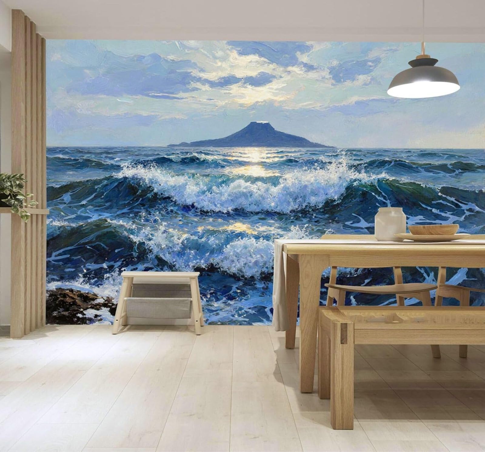 XLMING Island Sunlight Reflection Waves Seascape Art 3D Wallpaper Premium Textured Silk Study Dining Living Room Bedroom Sofa TV Wall Easy Install-250cm×170cm