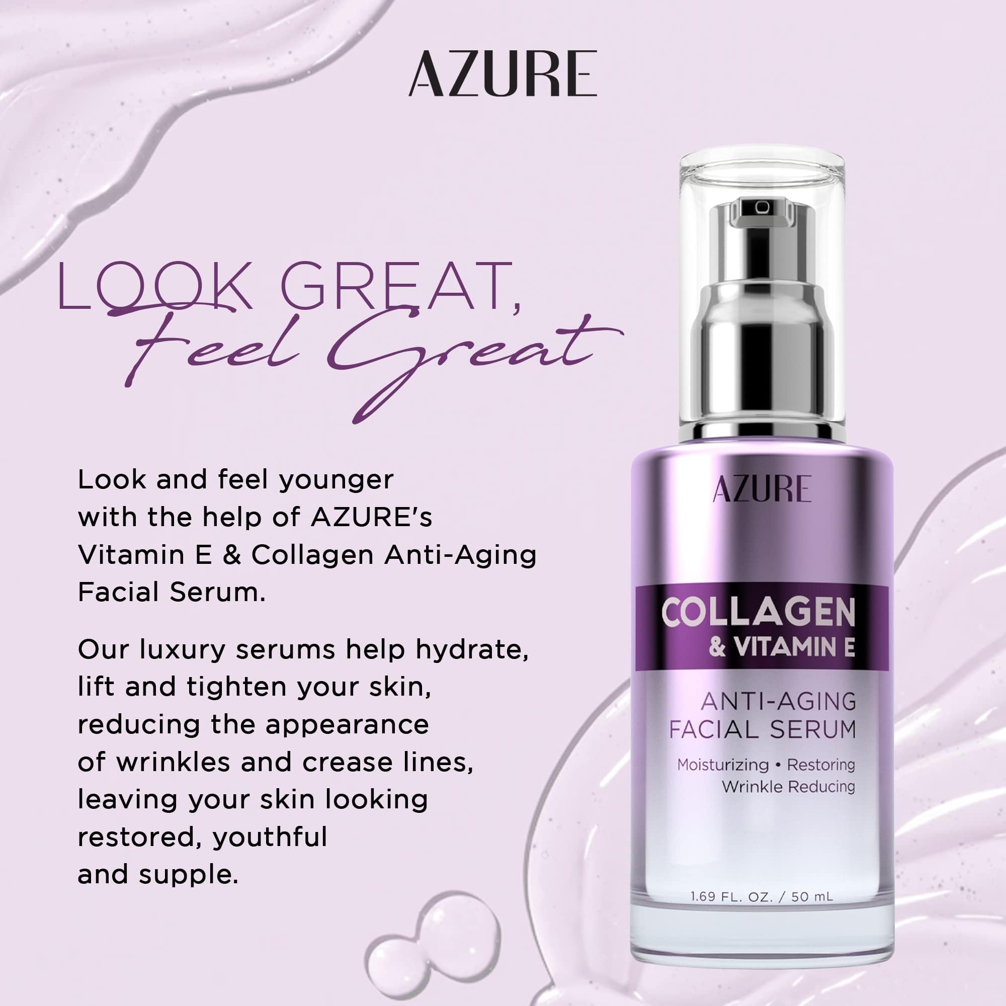 Azure Cosmetics Dermatologist Tested Collagen & Vitamin E Face Serum - K Beauty Anti-Aging Formula for Wrinkle Repair & Dark Spot Treatment - Korean Skincare, Premium Enhanced Solution - 1.69 fl oz