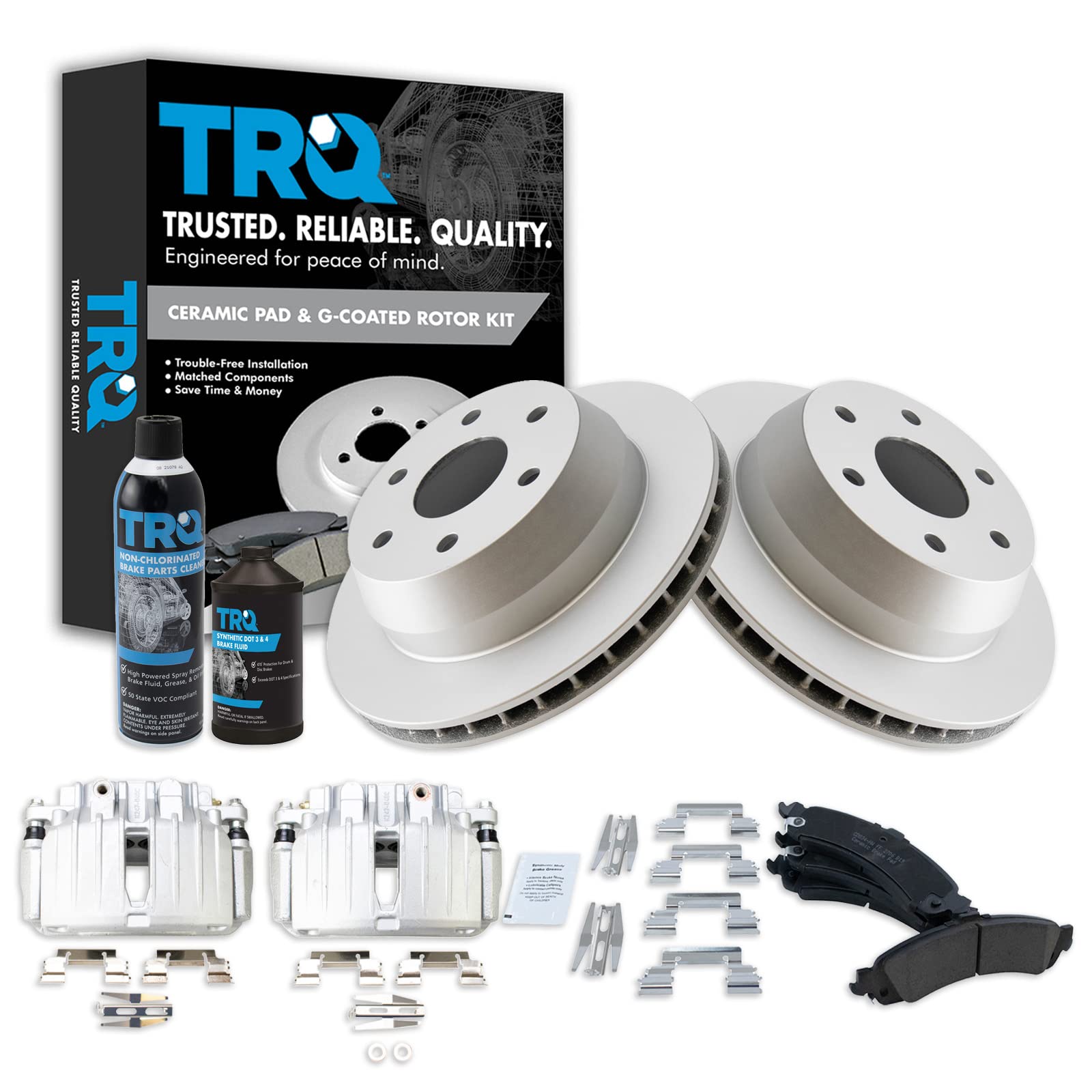 TRQ Rear Brake Coated Rotor Premium Ceramic Pad &amp; Caliper Kit w/Fluids Compatible with GM