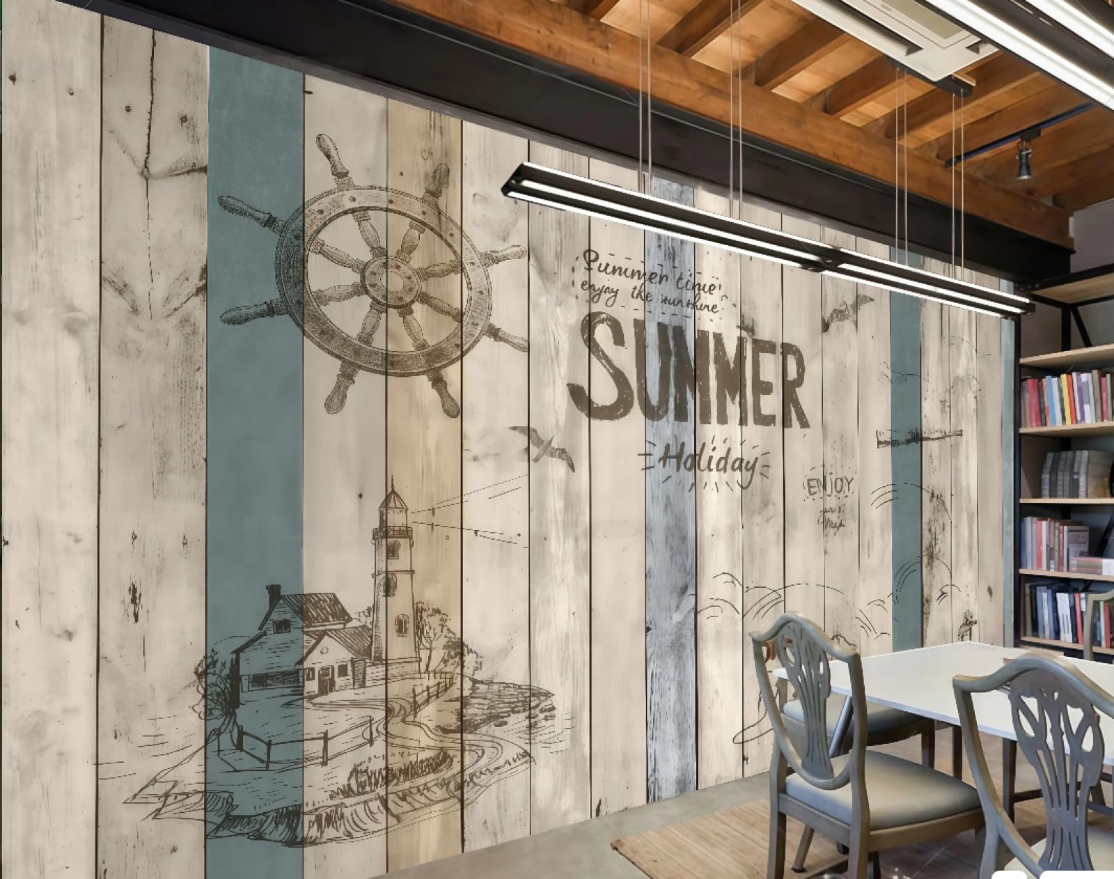 Rskjdghshd 3D Wallpaper Retro Wooden Board Summer Nautical Theme Bar Shopping Mall Western Restaurant Background Wall Mural Afternoon Tea Coffee Shop Wallpaper,,150X105cm