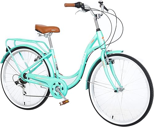 Vista 16 de Bicicleta de crucero de 26 pulgadas, Bicicleta clásica de 7 velocidades, Bicicleta de mujer, Bicicleta de ciudad con marco de acero Crema