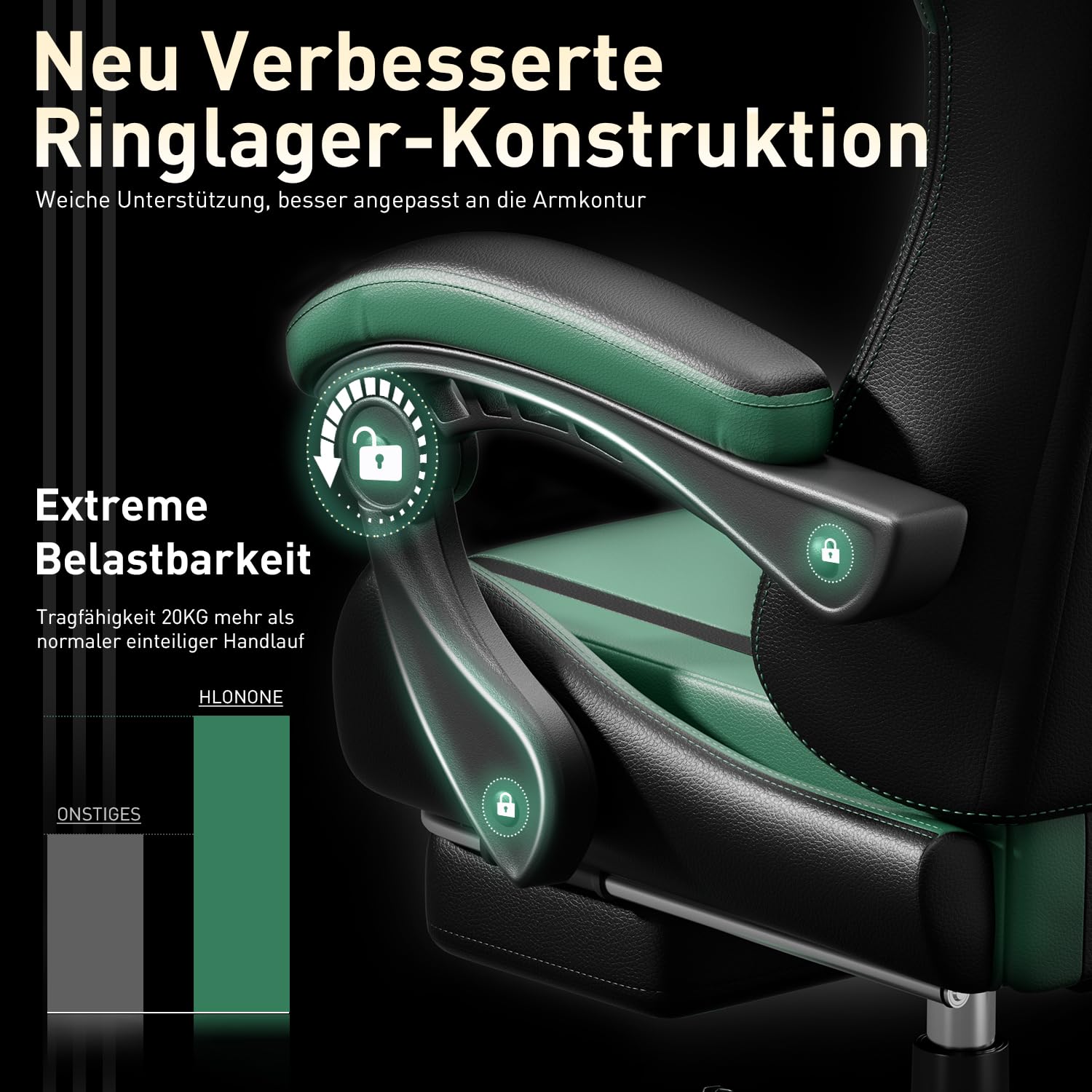 HLONONE Gaming Stuhl mit Massagefunktion, Ergonomischer Gamer Stuhl, Racing Gaming Sessel mit Fußstütze, Kopfstütze und Massage Lendenkissen, Gepolstert PC Stuhl, 150 kg Belastbarkeit, Schwarz-Grün