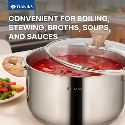 Miniatura 6 de Daniks Oslo - Juego de 6 utensilios de cocina de acero inoxidable con tapas de vidrio, bases de tres capas para calefacción uniforme, compatible con