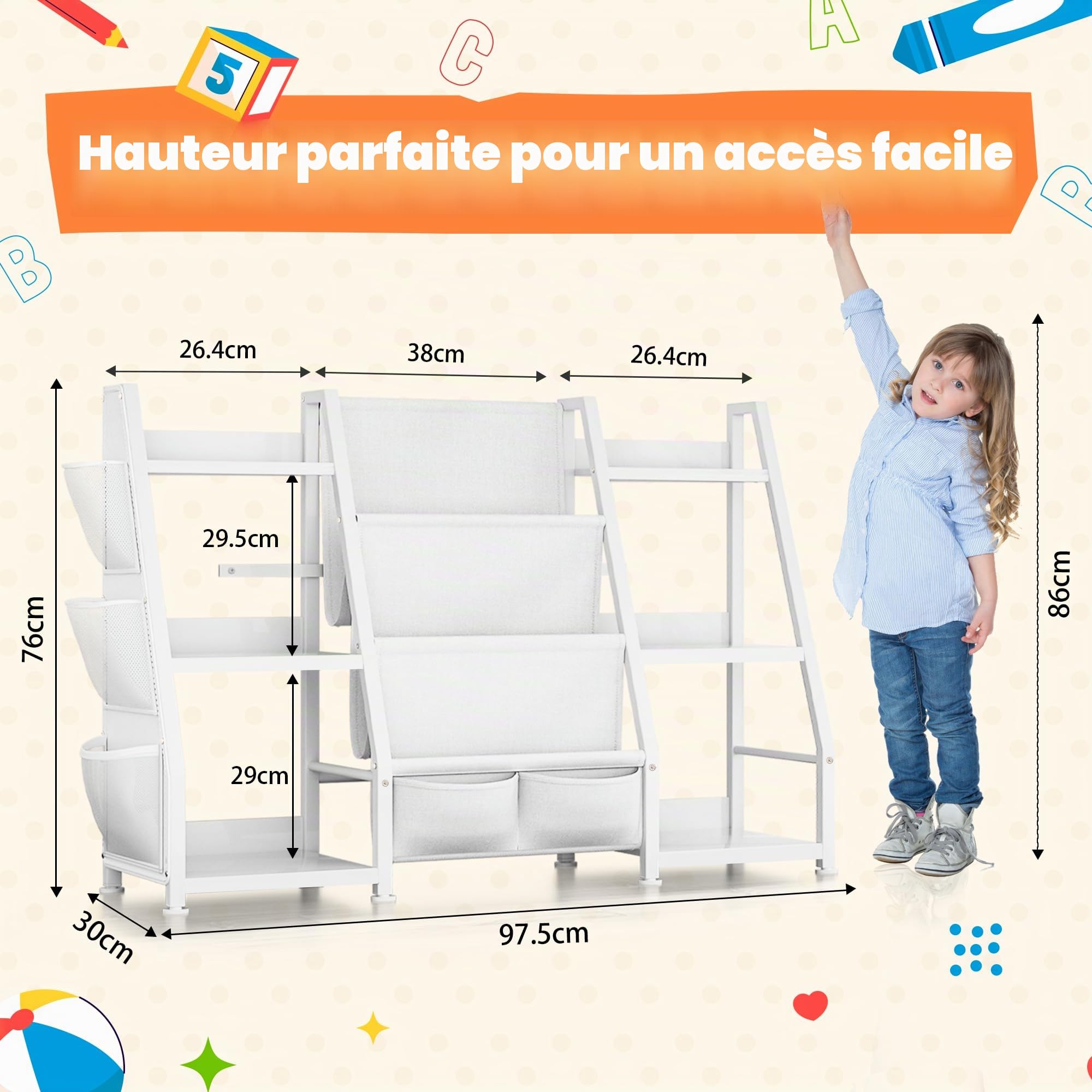 GoTiling Bibliotheque Enfant: Étagère de Rangement pour Jouets et Livres, Blancs, 97 × 30 × 77 cm (L × l × H)