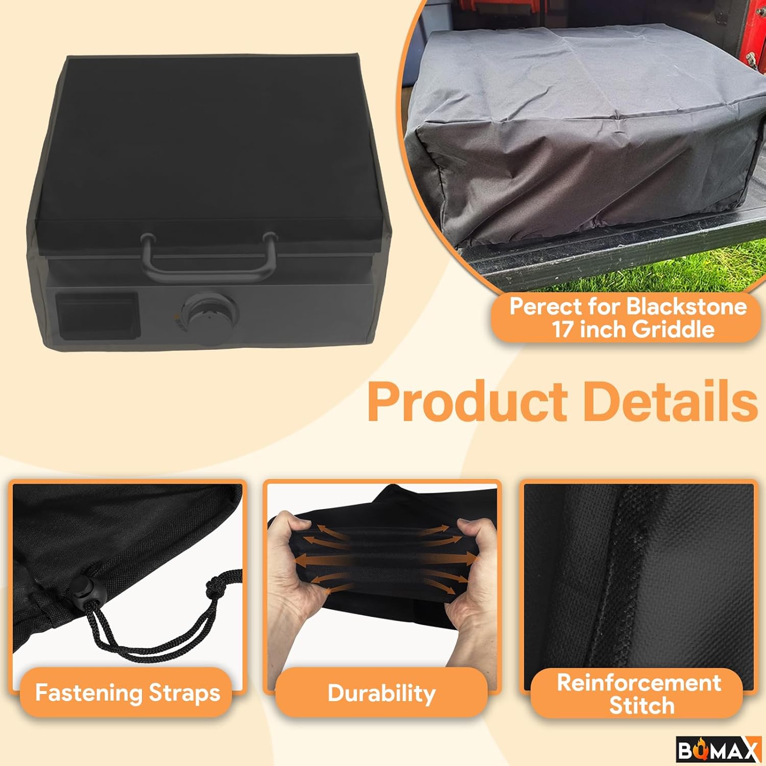 BQMAX Griddle Lid and Cover for 17 Inch Blackstone Griddle, Hard Cover Top Lid 5701/5010, Heavy-Duty Metal and 600D Polyester, Black, Rectangular