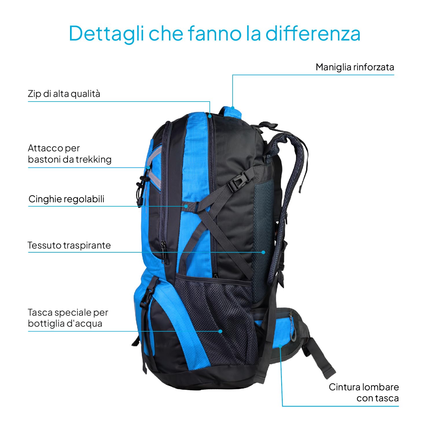 OcioDual Zaino Trekking 60 Litri Blu, Zaino Montagna Leggero Impermeabile Pieghevole, Zaini Campeggio, Escursionismo, Attraversamenti, Backcountry, Walking, Sport