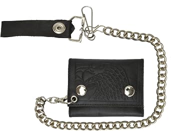 MARSHAL Mens Genuine Leather Black Trifold Wallet with Chain Biker Trucker Motorcycle