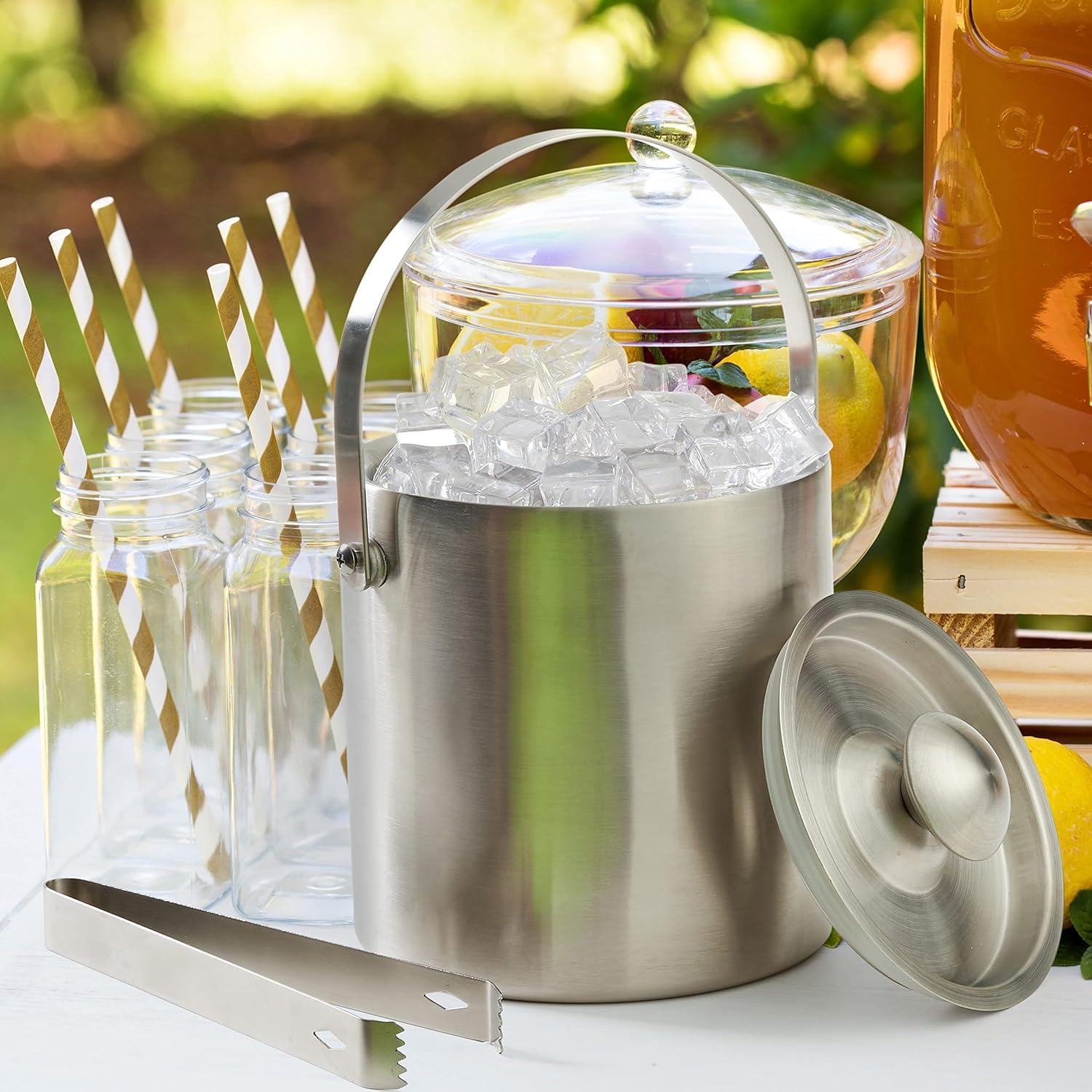 Seau à Glace Isotherme Double Paroi en Acier Inoxydable avec Couvercle Ustensiles pour Bar et Vin (3L)