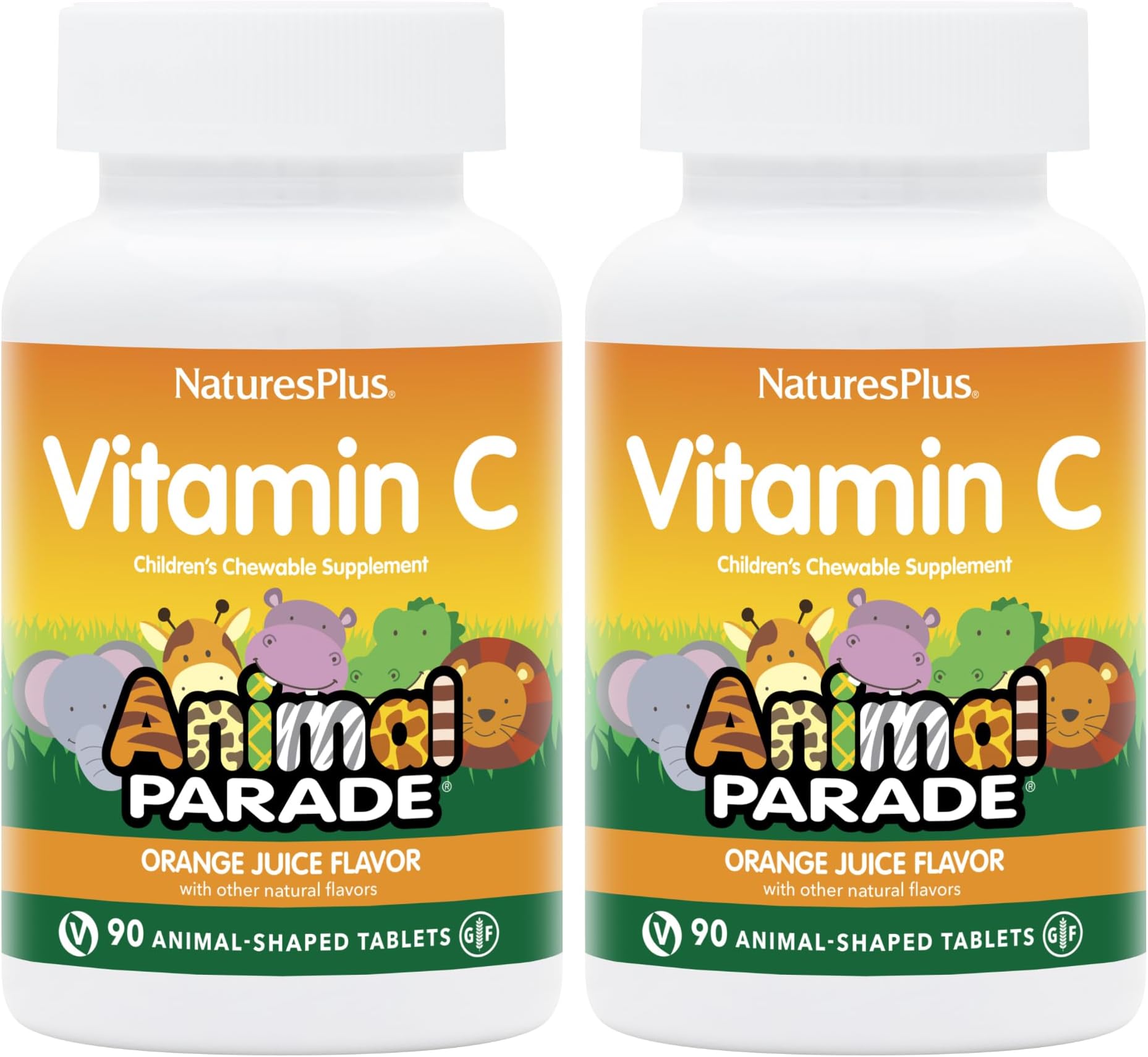 NaturesPlus Animal Parade Vitamin C Children's Chewable - Natural Orange Juice Flavor - 90 Animal-Shaped Tablets, Pack of 2 - Vegan, Vegetarian, Gluten Free - 90 Total Servings