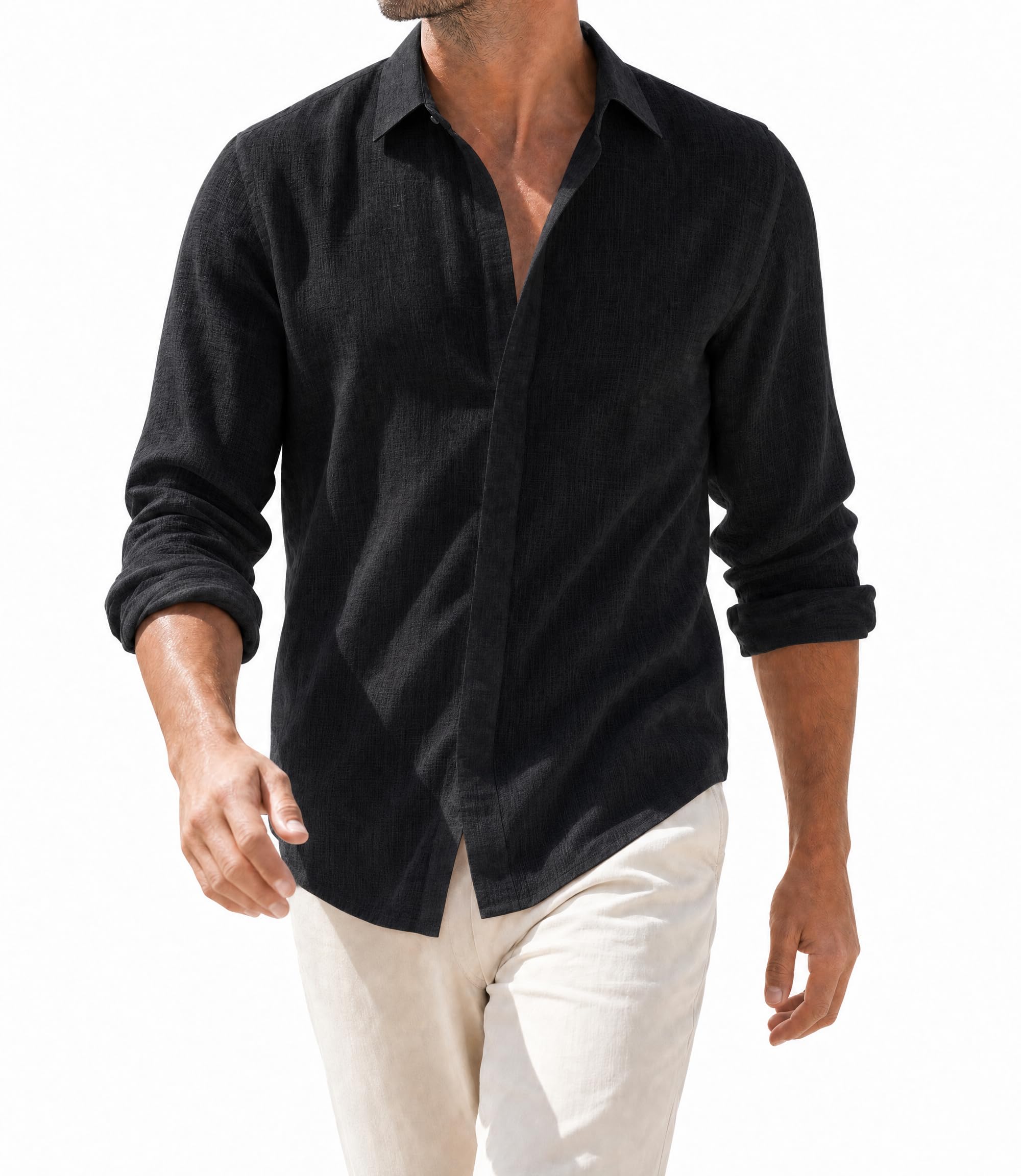 GLESTORE Camicia da uomo in lino, a maniche lunghe, estiva, per il tempo libero