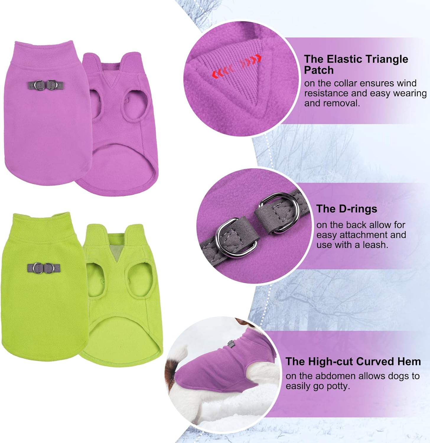 BEAUTYZOO Fleece Dog Sweater Vest 2 Pack, Soft Warm Dog Pullover Jacket Sweatshirt with Leash Ring - Purple, Green Small